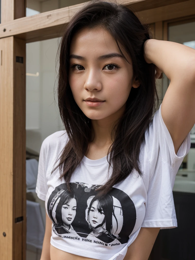 Jeune femme de 19 ans avec cheveux qui arrive au omoplate noir foncée. De face, origine asiatique, petit seins mais t shirt qui cache
