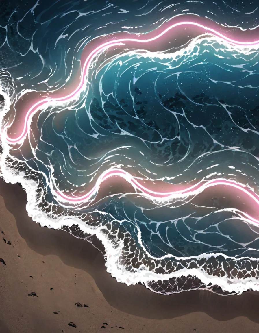 A moonless night, sea waves decorated with neon lights, beat noisily on the shore