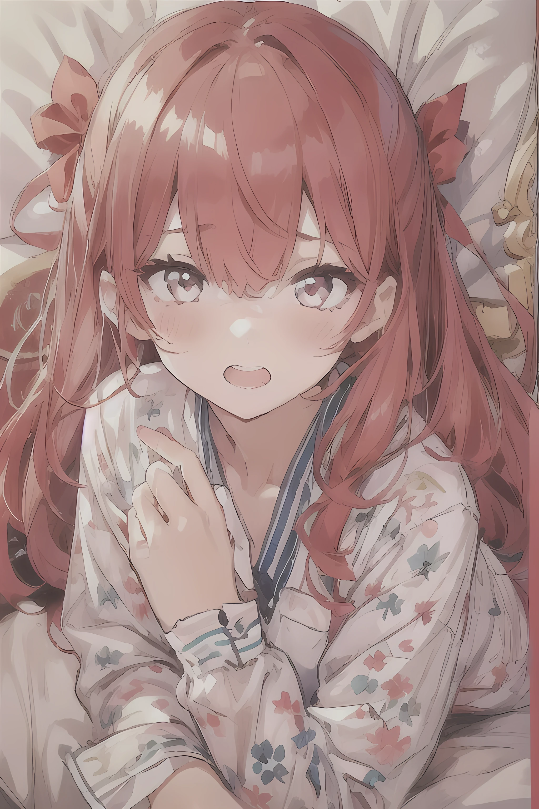 1 girl, Redhead, highest quality、Facial hair, Red eyes, 8k, masterpiece, sexy、Bedroom、pajamas、erotic、High Contrast、Impact、cute、