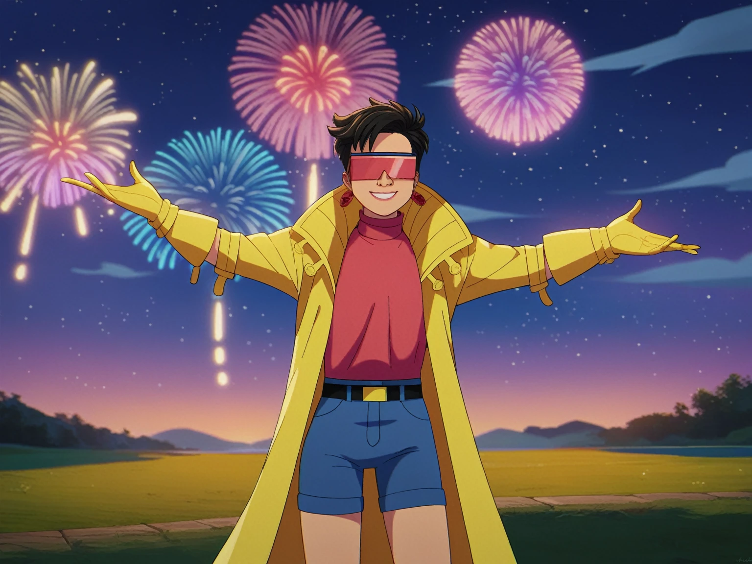 score_9, score_8_up, score_7_up, 1girl, solo, clamJBLee97, cJlumikinetics, cJsunglasses, yellow coat, yellow gloves, pink shirt, turtleneck, blue shorts, belt, earrings, smile, standing, arms outstretched, sky, night, star \(sky\), night sky,  fireworks, bokeh 