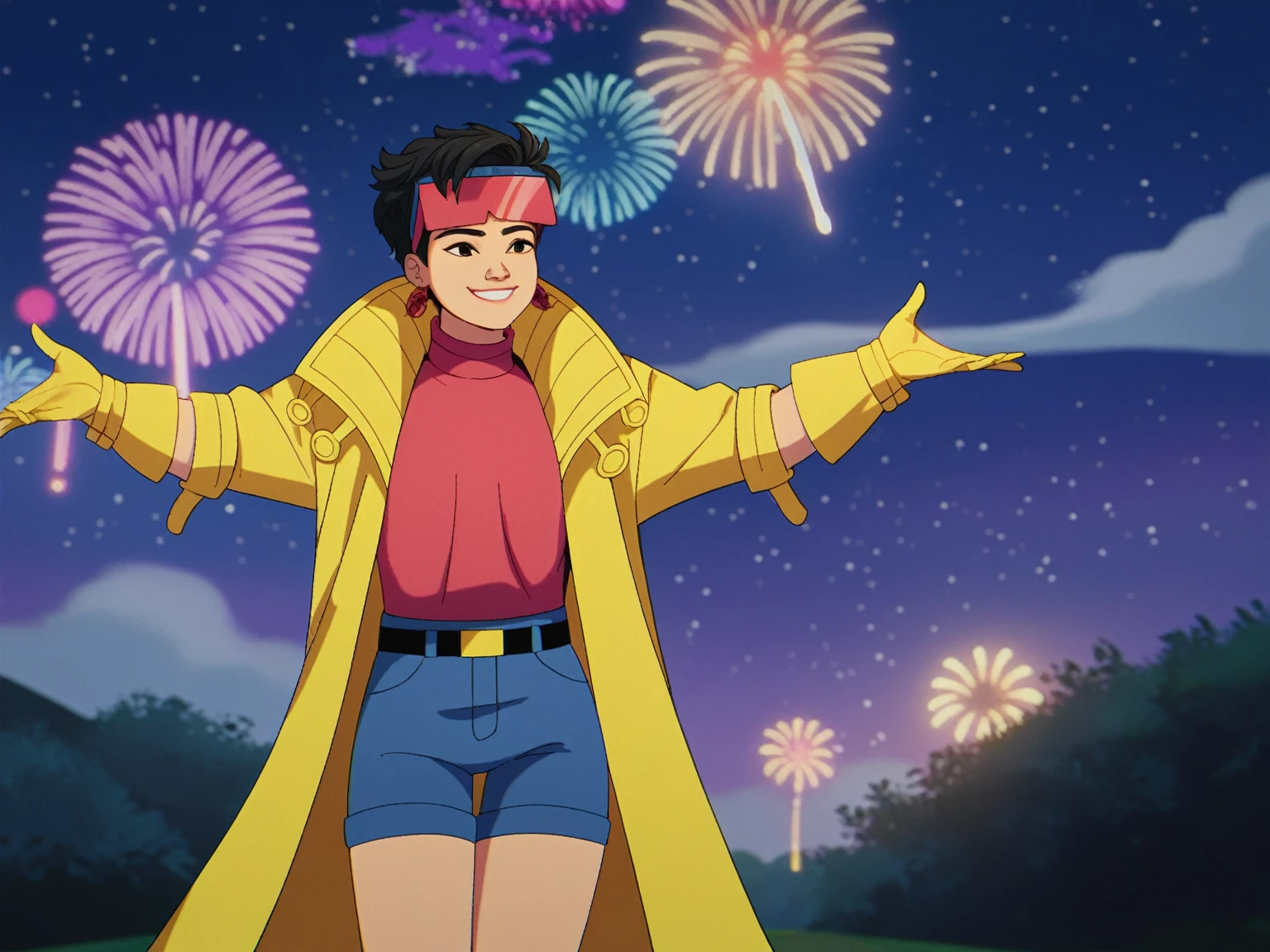 score_9, score_8_up, score_7_up, 1girl, solo, clamJBLee97, cJlumikinetics, cJsunglasses, yellow coat, yellow gloves, pink shirt, turtleneck, blue shorts, belt, earrings, smile, standing, arms outstretched, sky, night, star \(sky\), night sky,  fireworks, bokeh 