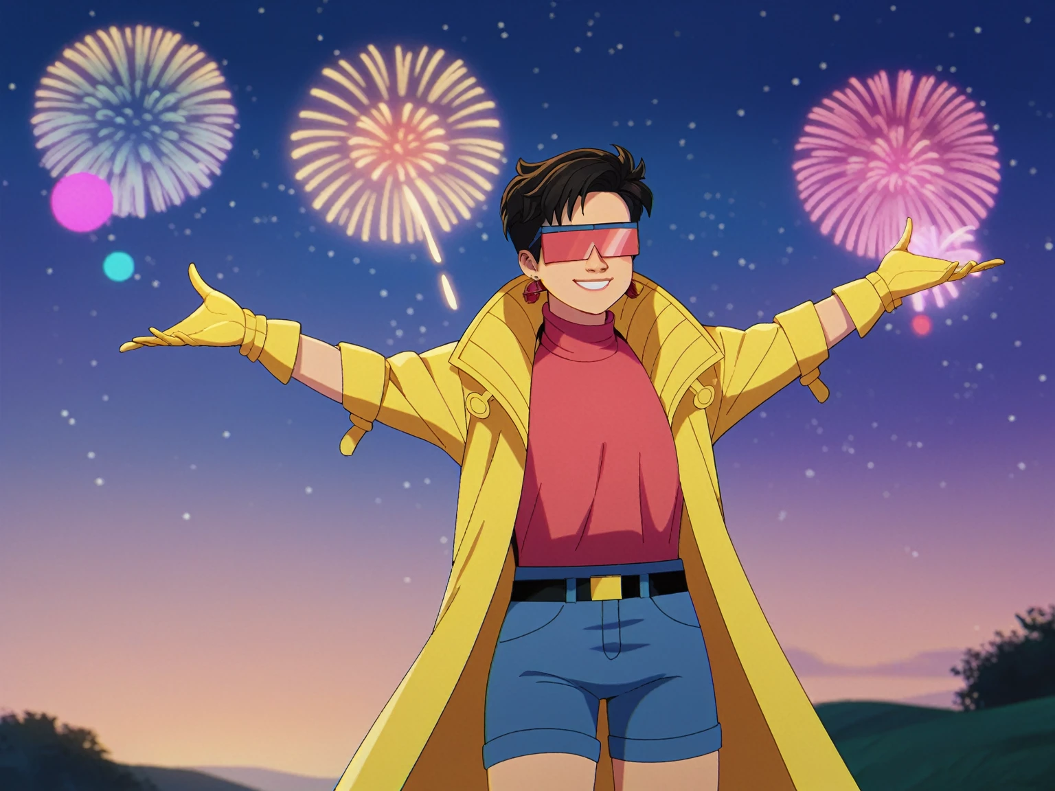 score_9, score_8_up, score_7_up, 1girl, solo, clamJBLee97, cJlumikinetics, cJsunglasses, yellow coat, yellow gloves, pink shirt, turtleneck, blue shorts, belt, earrings, smile, standing, arms outstretched, sky, night, star \(sky\), night sky,  fireworks, bokeh 