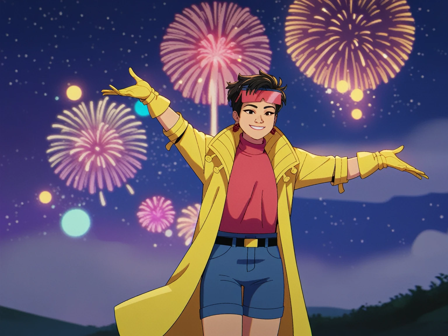 score_9, score_8_up, score_7_up, 1girl, solo, clamJBLee97, cJlumikinetics, cJsunglasses, yellow coat, yellow gloves, pink shirt, turtleneck, blue shorts, belt, earrings, smile, standing, arms outstretched, sky, night, star \(sky\), night sky,  fireworks, bokeh 