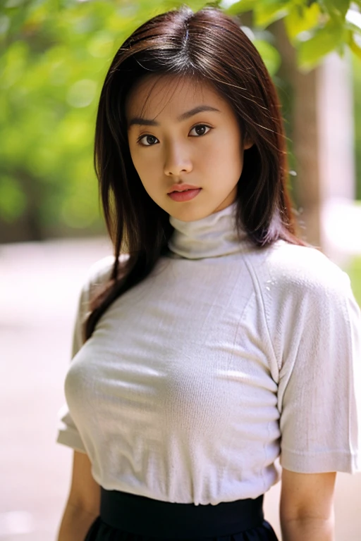 (masterpiece, best quality:1.2), 1girl,((full figure ))((arafed asian woman in a Grey top and black skirt posing for a picture)), thick neck, ((wearing turtleneck short sleeve)),  (( Grey turtleneck short sleeve)), Grey colour sweater, attractive neck, cleavage, attractive pose, buxom chested, side boob, thick collar, tight attire, japanese model, wearing tight simple clothes, beautiful upper body,Standing next to an orange maple tree,In Japanese shrines, Sexy poses.