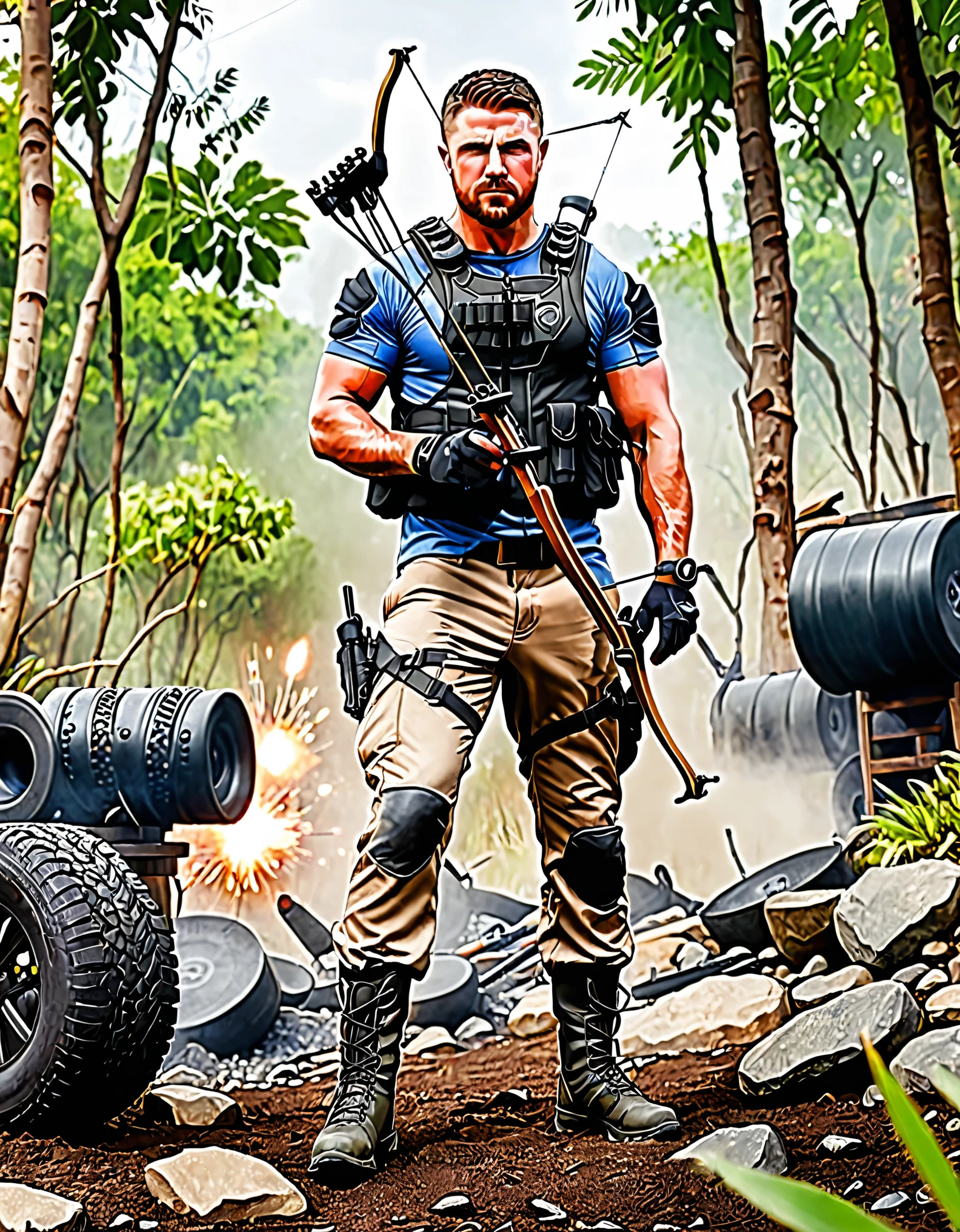 boots, canadian male, full body, bow, compound bow, standing, weapon, ((holding weapon, bow \(weapon\), arrow \(projectile\), archery)), knee pads, male focus, military, military uniform, pouch, reddish-brown hair, facial hair, solo, standing, assault vest, drop-down pistol holster, jungle background, battle, tanks, explosions, gritty war-torn atmosphere, black ops, (stephen amell:0.5)