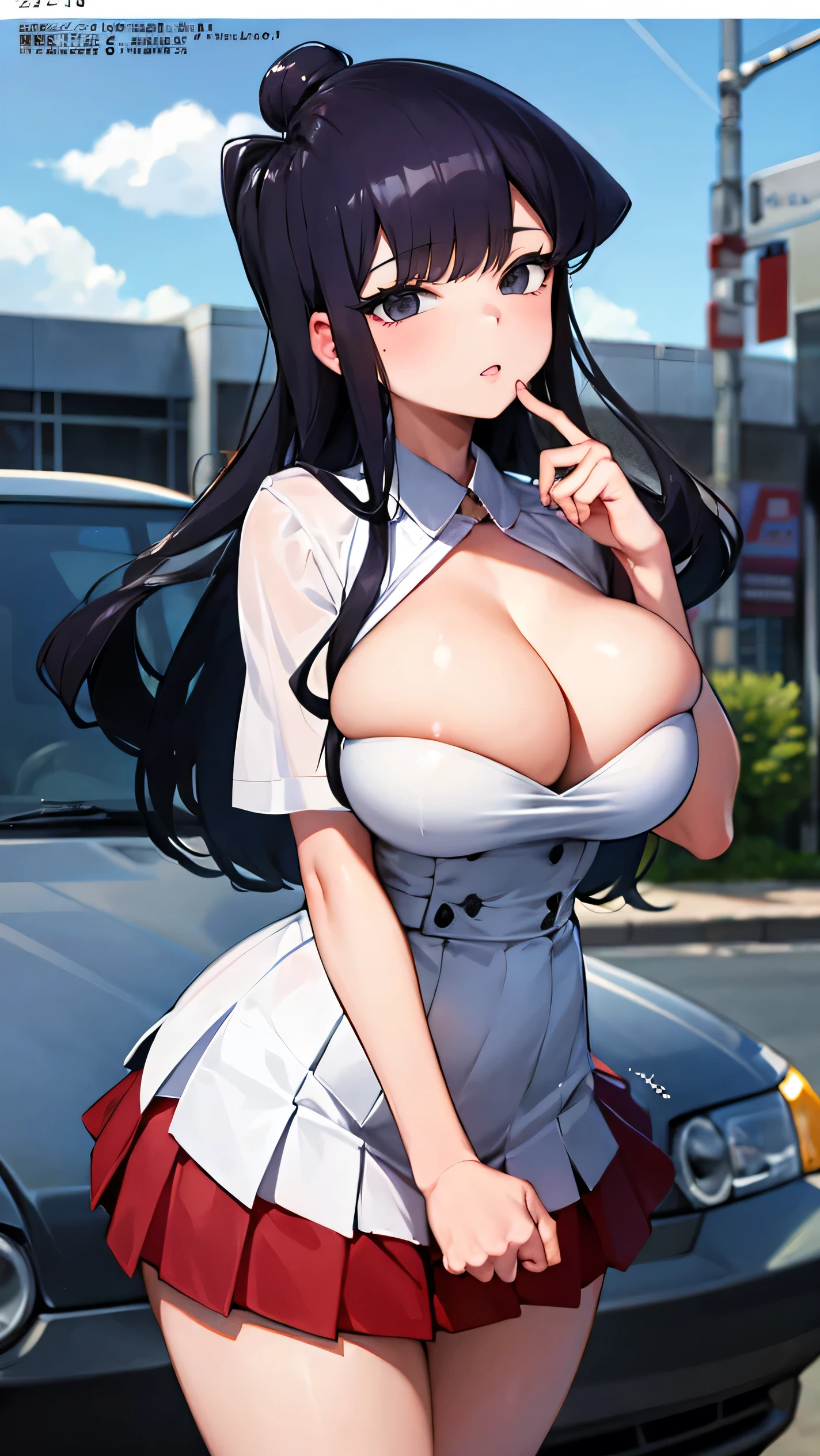 score_9, score_8_up, score_7_up, score_6_up, score_5_up, score_4_up, BREAK,source_anime, masterpiece, best quality, BREAK 1girl, Komi Shouko, shirt tucked in, tented shirt, white shirt, 1girl, long hair, black hair, pleated mini skirt, huge breasts, city, cowboy shot, looking at viewer, anime coloring, anime screencap, megami magazine