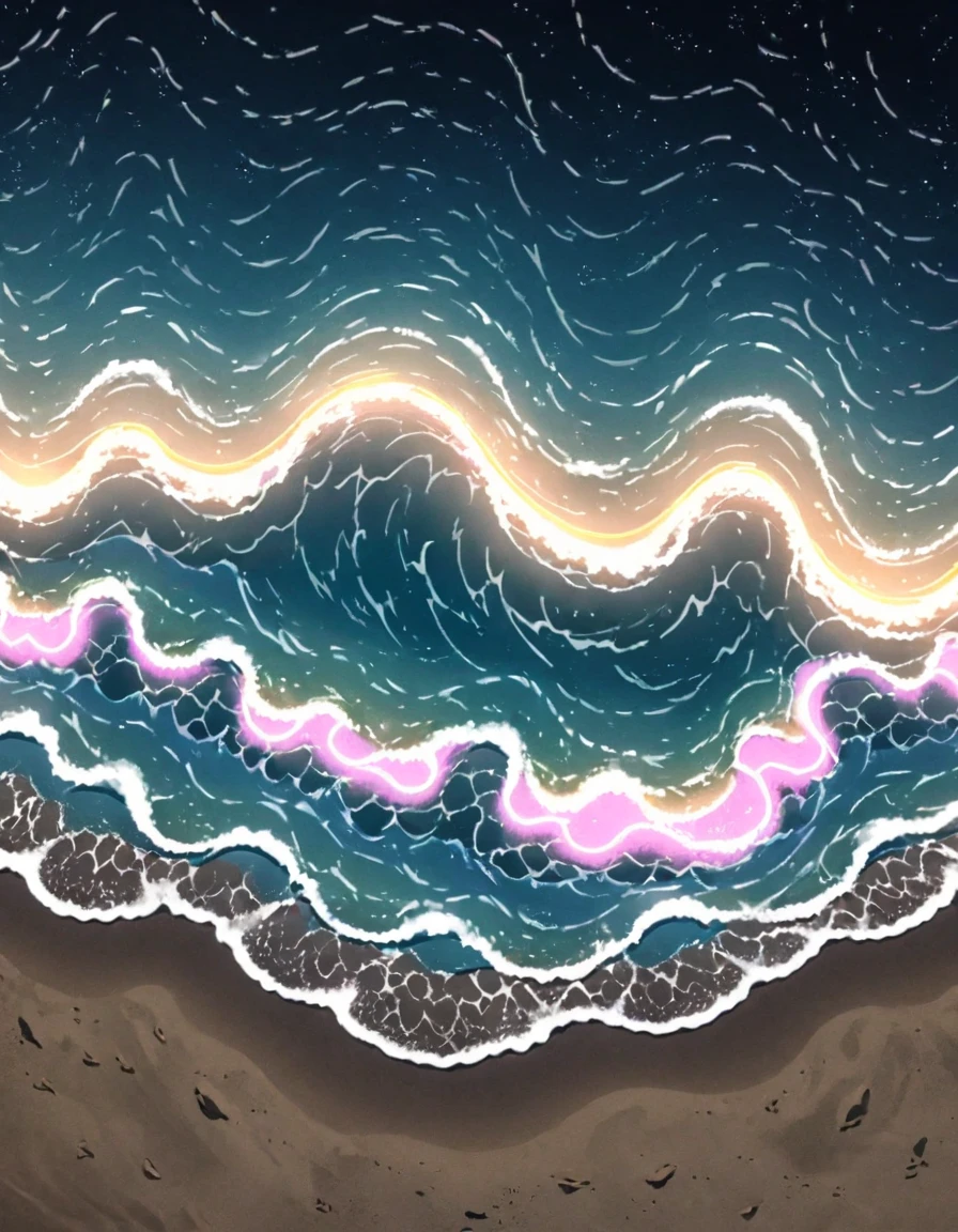 A moonless night, sea waves decorated with neon lights, beat noisily on the shore