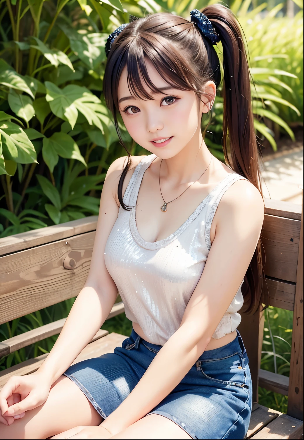 (highest quality,masterpiece:1.3,Ultra-high resolution),(Very detailed、Caustics) (Realistic:1.4, RAW shooting、)Ultra-Realistic Capture、Very detailed、Natural skin texture、masterpiece、(Japanese girl in sequin tank top and jeans skirt:1.3)、Adorable expression、Expressions of happiness、14 years old、height: 148cm、Young Face、Amazingly cute、Twin tail hairstyle、Straight hair、Scrunchie、necklace、Black Hair、light makeup、Slightly large chest、Shining thighs、Shining ass、Photo shoot in a private garden、Background details、smile、An inviting gaze、Anatomically correct、Cowboy Shot、Attention to detail、Sit on a bench、