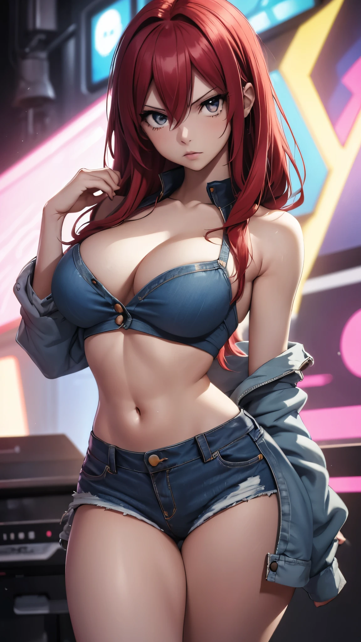 (best quality,highres:1.2),ultra-detailed,realistic,photorealistic:1.37,a beautiful girl (Erza Scarlet from Fairy Tail) model in a pop style,18 years old,long legs,medium breasts,extremely detailed face (with emphasis on azure eyes),Her red-colored hair falls to her shoulders.She is dressed in short blue denim shorts and a short top (very shabby and torn in places),),bent down, lifting her ass to the top,more sexy pose,illustration,colorful pop art style,dynamic lighting,neon colors,sunglasses on head.Nsfw