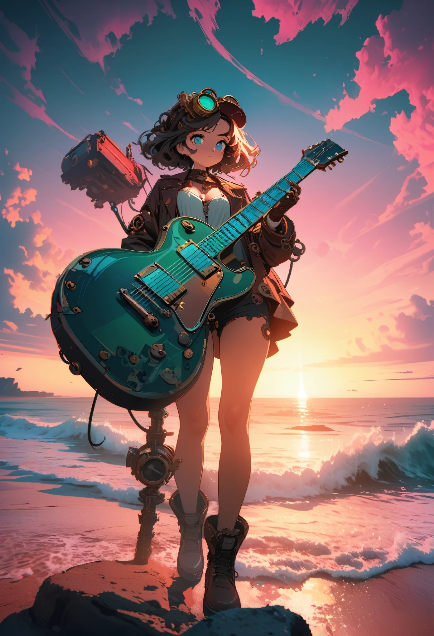 Steampunk style JK girl，Guitar，seaside，beautiful，Celluloid style，Flat coating，HD，CG art，comics，8K，looking at camera，high quality，illustration，Vaporwave style，Rim Light，CG art，light，Super detailed，complicated，overclocked renderer，Perspective，high resolution，light， 