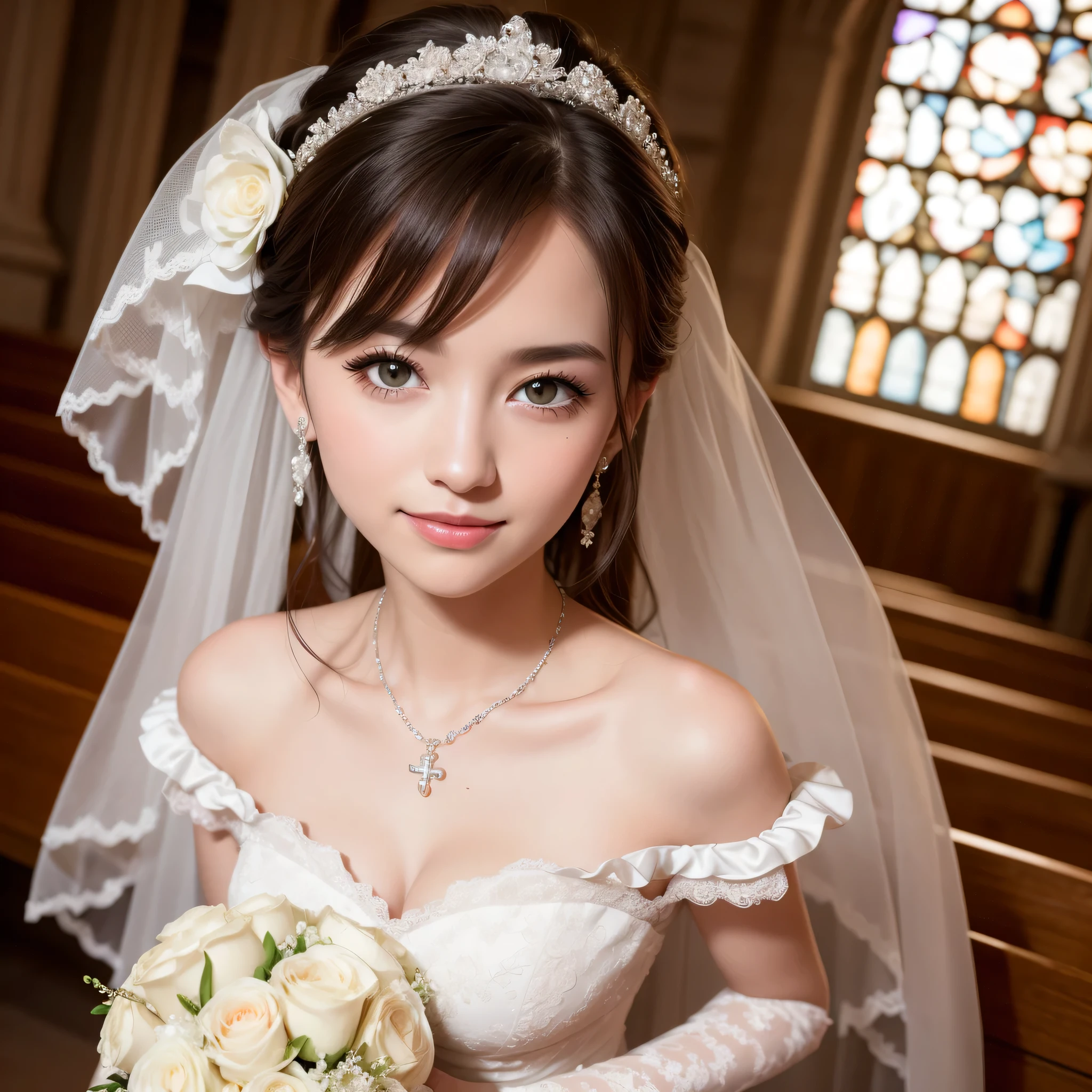 (kawaii face), (flat chest:1.2), happy smile, makeup, (Beautiful frills and lace cute wedding dress, bare shoulders:1.3), (tiaras, necklaces, earrings), Ultra High Definition, Photorealistic, 8k, RAW Photos, highest quality, masterpiece, professional photography, Realistic portrait, Beautiful detailed, Close up portrait of girl, (chapel, stained glass), bouquet, flower decoration, beautiful bride pictures, (Fine face:1.2),