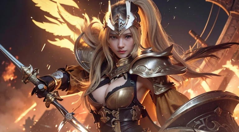 ((Best Quality, 8K, Masterpiece:1.3)), Woman Details:1.3, (Long Hair, :1.2), (curvy body), 1_indonesian_girl_face, breasts, dales, wet_skin,breasts, wet_body, silky_apon, armor, solo, cleavage, holding, long_hair, shord, wings, holding_weapon, yellow_eyes, large_breasts, shoulder_armor, helmet, blonde_ooking_at_viewer, fur_trim, holding_sword, alternate_costume, ponytail, gloves, forehead_protector, smile, pauldrons:1.1, Highly Detailed, Detailed, Eyelids