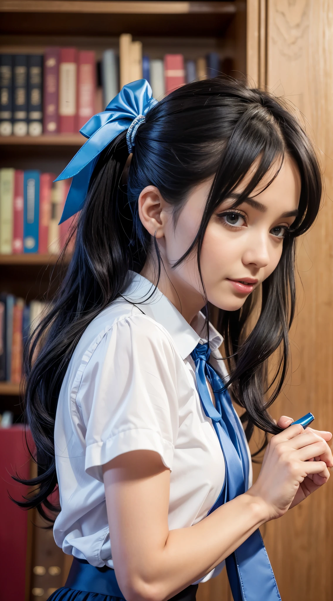 Masterpiece, Top Quality, High Resolution, Very Detailed, Detailed Background,(Fraulem Chrome, (Black Hair, Semi-Long Hair, Blue Ribbon in Ponytail),(White Blouse, Blue Short Ribbon Tie, Blue Long Skirt), Small, Neat, Black Eyes,Studying, Gentle Smile), Scaled Out, Chic Study, Vase