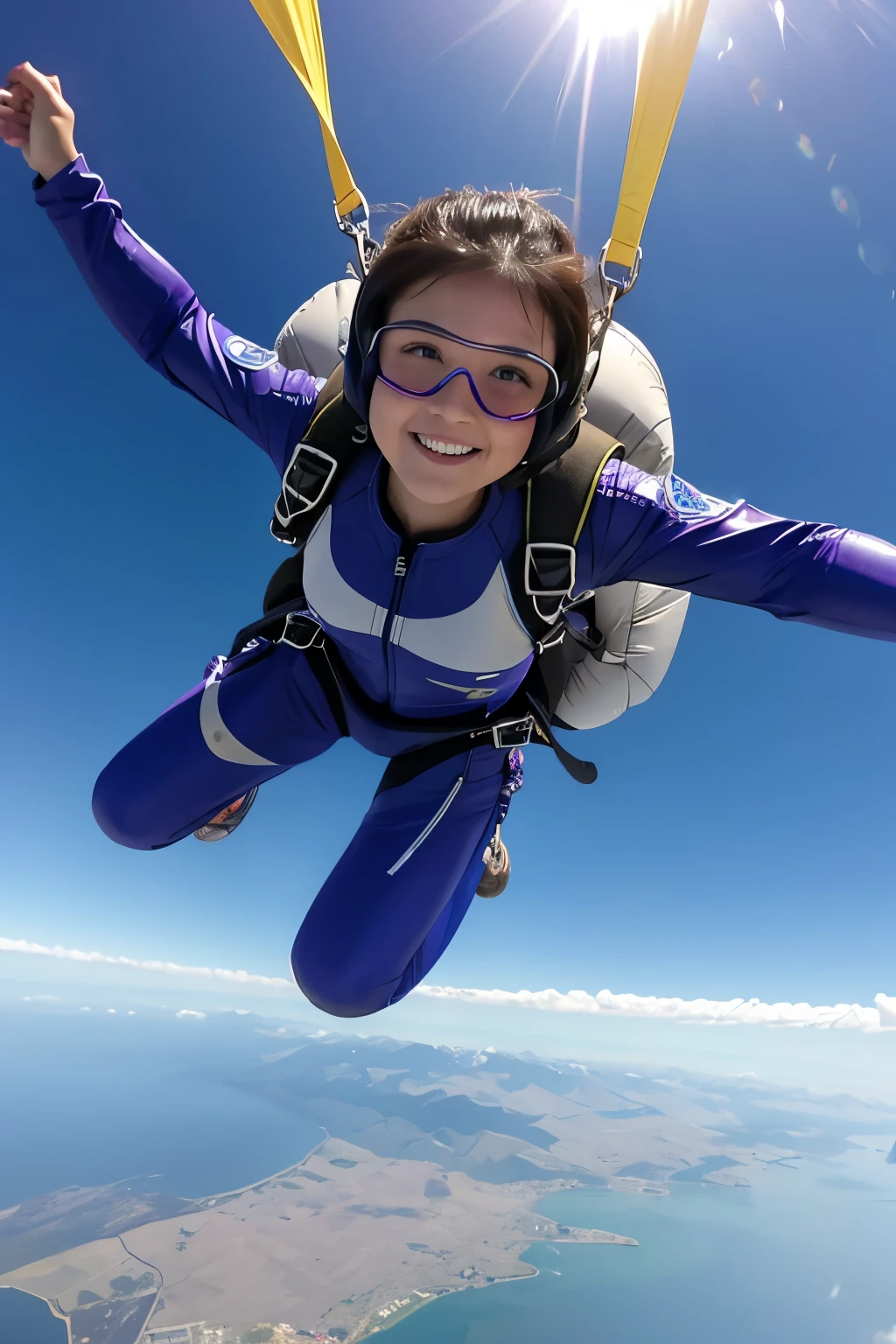 In the vast sky、A young woman skydiving with a parachute.。She's floating in the air、Smiling at the camera。In the background, white clouds and the landscape on the ground spread out.、It's like flying freely in the sky like a bird.。She is wearing a blue top、My hair is flying in the wind。Overall、This scene symbolizes thrill and freedom.、Evokes a refreshing feeling。