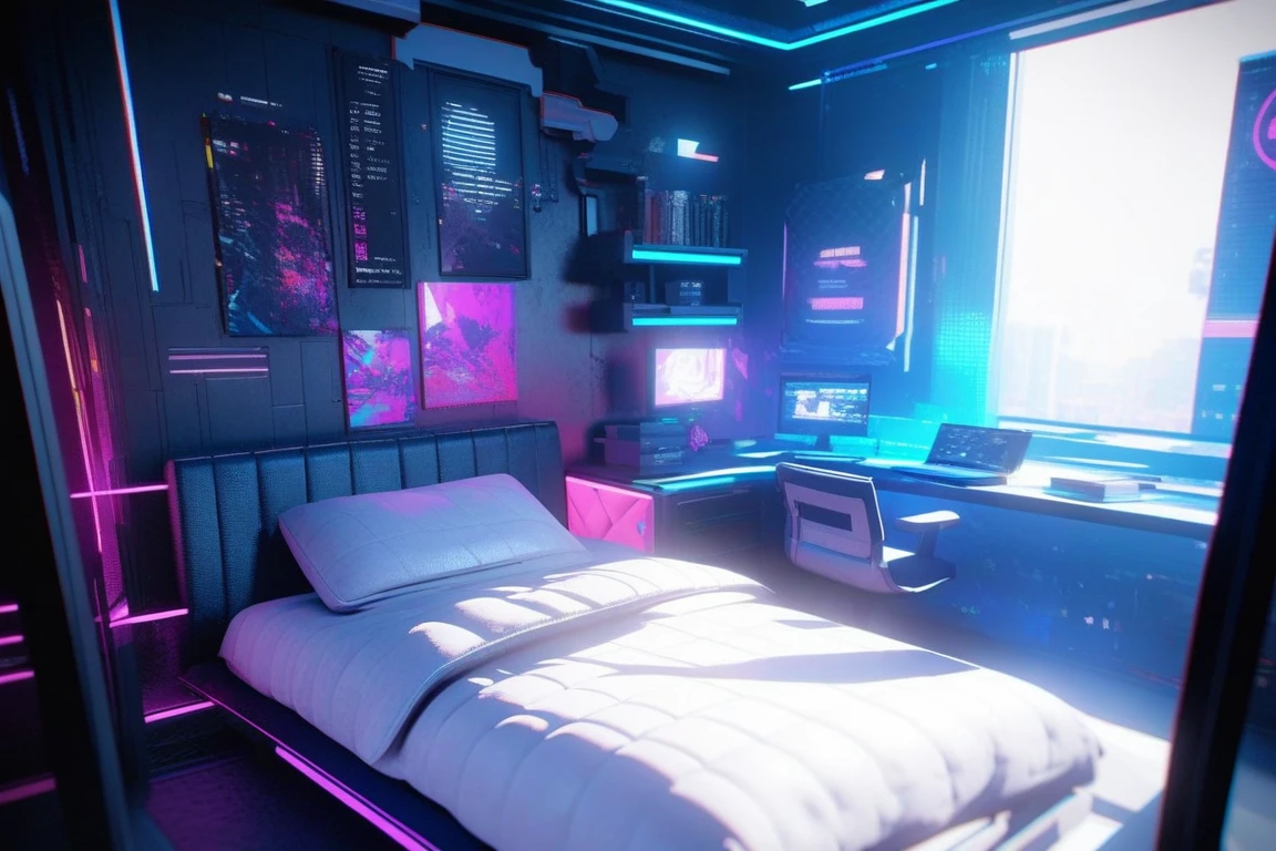 bedroom, cyberpunk, [3D:7], [pop art:15], masterpiece, best quality, highres, newest, very aesthetic, General