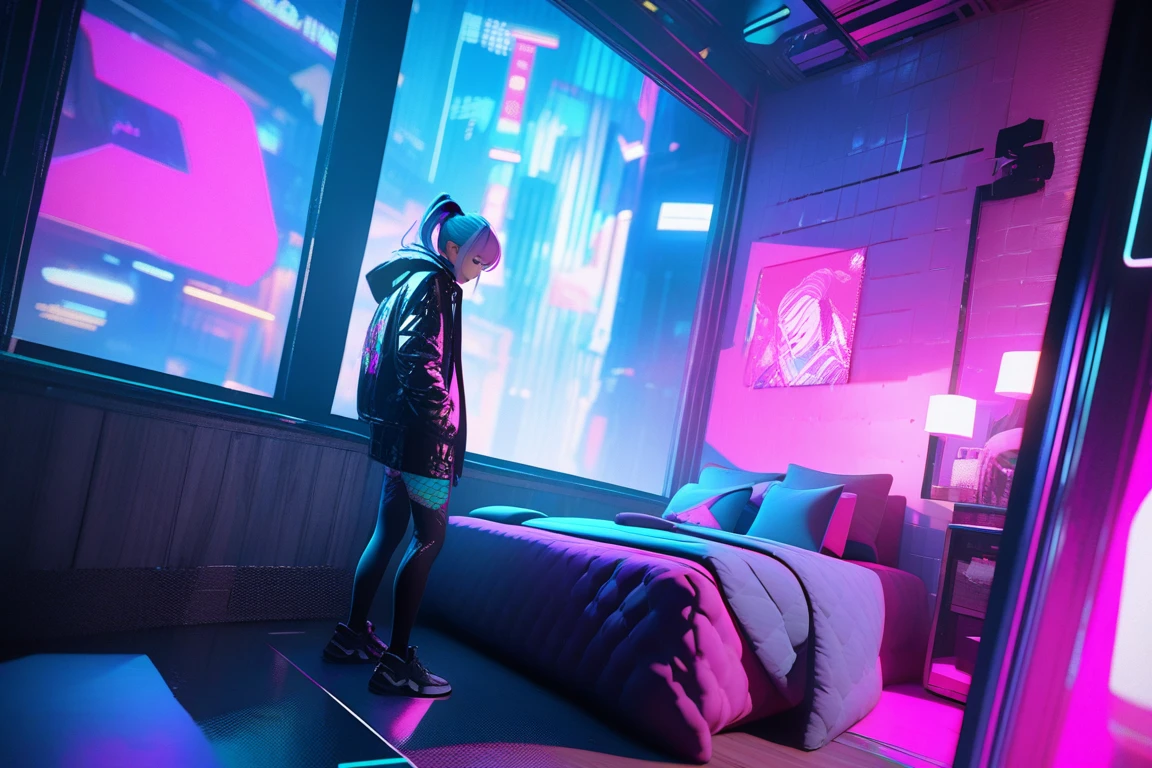 bedroom, cyberpunk, [3D:7], [pop art:15], masterpiece, best quality, highres, newest, very aesthetic, General