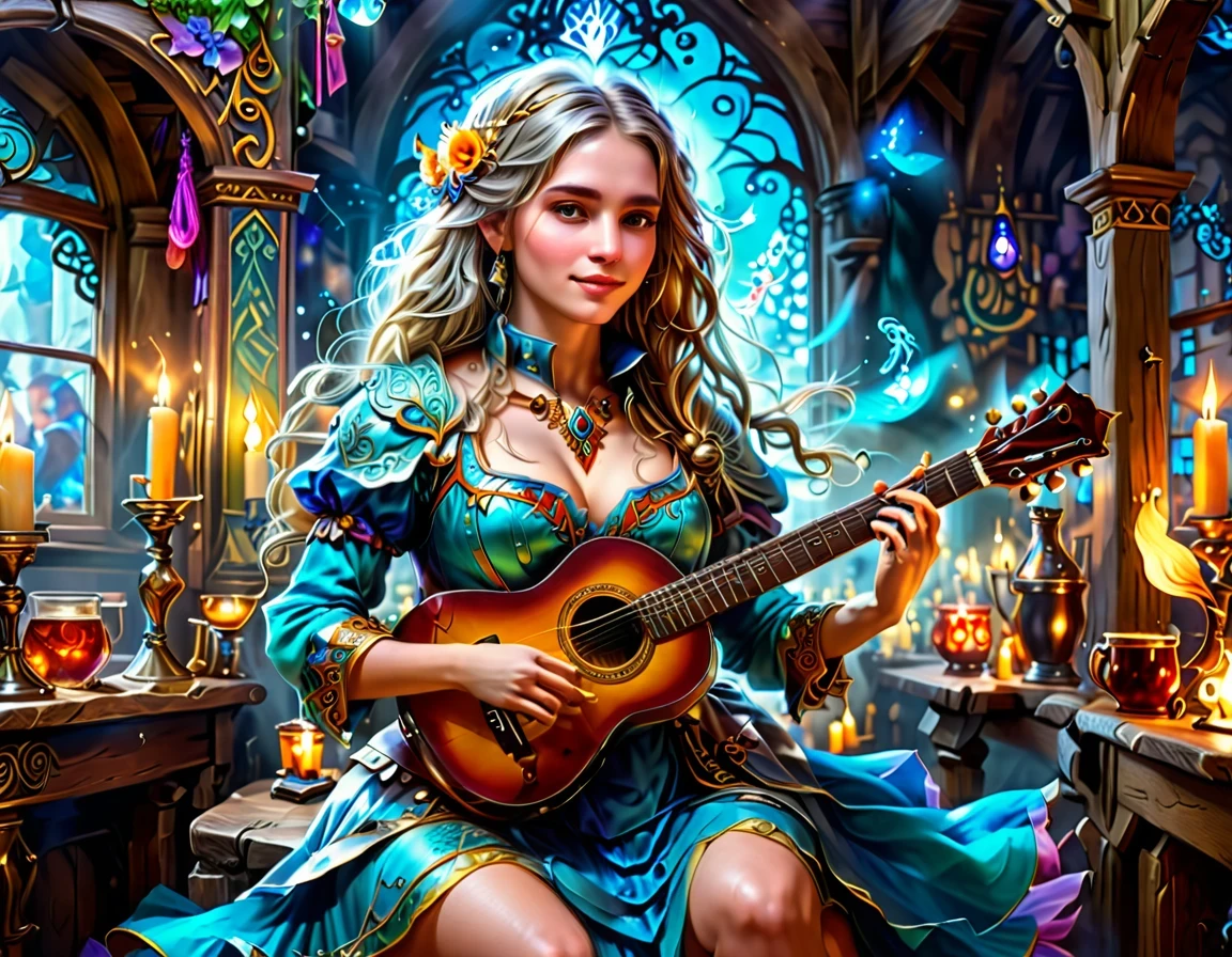 high details, best quality, 16k, [ultra detailed], masterpiece, best quality, (extremely detailed), full body, ultra wide shot, photorealistic, RAW, fantasy art, dnd art, fantasy art, realistic art,  an ultra wide, full body, a picture  of a human female  (intricate details, Masterpiece, best quality: 1.5) fantasy bard, fantasy enchanter,  playing a (guitar: 1.5)  and enchanting people in a tavern with magical song, colorful clothes, dynamic clothing, epic beautiful female human ((anatomically correct)) bard (intricate details, Masterpiece, best quality: 1.5), dynamic hair, tavern full of crowd, many people intricate details, Masterpiece, best quality: 1.3), bard playing guitar and enchanting audience (intricate details, Masterpiece, best quality: 1.5), candles light, fantasy chandelier, magical notes, magical runes in the air (intricate details, Masterpiece, best quality: 1.5),Cinematic Hollywood Film style, GlowingRunesAI_paleblue