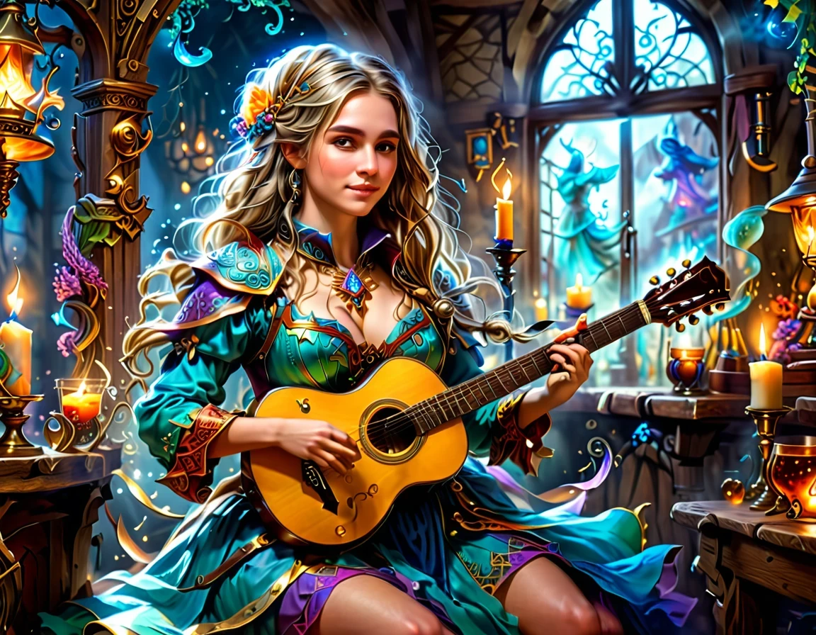 high details, best quality, 16k, [ultra detailed], masterpiece, best quality, (extremely detailed), full body, ultra wide shot, photorealistic, RAW, fantasy art, dnd art, fantasy art, realistic art,  an ultra wide, full body, a picture  of a human female  (intricate details, Masterpiece, best quality: 1.5) fantasy bard, fantasy enchanter,  playing a (guitar: 1.5)  and enchanting people in a tavern with magical song, colorful clothes, dynamic clothing, epic beautiful female human ((anatomically correct)) bard (intricate details, Masterpiece, best quality: 1.5), dynamic hair, tavern full of crowd, many people intricate details, Masterpiece, best quality: 1.3), bard playing guitar and enchanting audience (intricate details, Masterpiece, best quality: 1.5), candles light, fantasy chandelier, magical notes, magical runes in the air (intricate details, Masterpiece, best quality: 1.5),Cinematic Hollywood Film style, GlowingRunesAI_paleblue