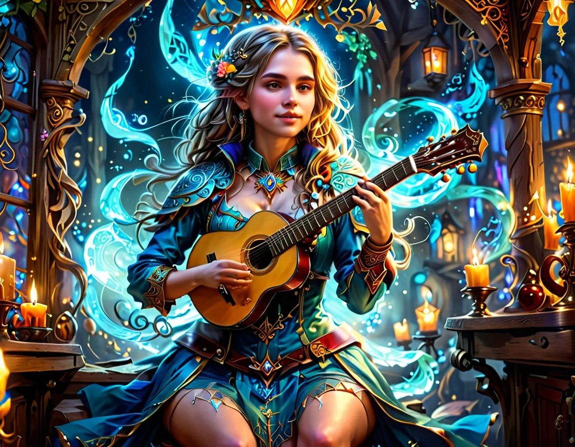 high details, best quality, 16k, [ultra detailed], masterpiece, best quality, (extremely detailed), full body, ultra wide shot, photorealistic, RAW, fantasy art, dnd art, fantasy art, realistic art,  an ultra wide, full body, a picture  of a human female  (intricate details, Masterpiece, best quality: 1.5) fantasy bard, fantasy enchanter,  playing a (guitar: 1.5)  and enchanting people in a tavern with magical song, colorful clothes, dynamic clothing, epic beautiful female human ((anatomically correct)) bard (intricate details, Masterpiece, best quality: 1.5), dynamic hair, tavern full of crowd, many people intricate details, Masterpiece, best quality: 1.3), bard playing guitar and enchanting audience (intricate details, Masterpiece, best quality: 1.5), candles light, fantasy chandelier, magical notes, magical runes in the air (intricate details, Masterpiece, best quality: 1.5),Cinematic Hollywood Film style, GlowingRunesAI_paleblue