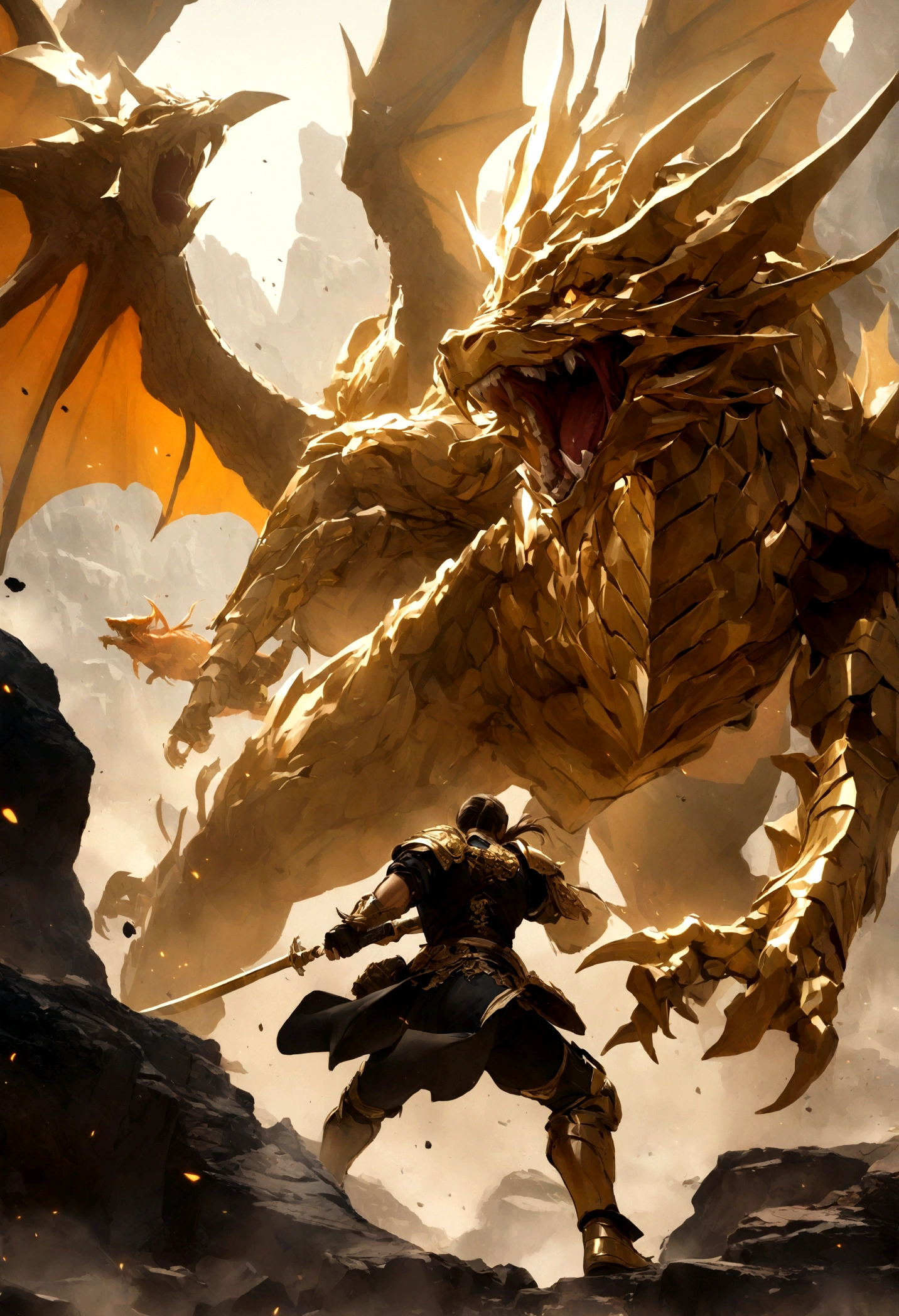 Gold Warrior fighting a green and orange dragon