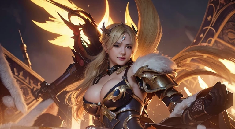 ((Best Quality, 8K, Masterpiece:1.3)), Woman Details:1.3, (Long Hair, Big Breasts:1.2), (curvy body), 1_indonesian_girl_face, breasts, dark_nipples, wet_skin, silky_breasts, wet_body, silky_skin,weapon, armor, solo, cleavage, holding, long_hair, shield, sword, wings, holding_weapon, yellow_eyes, large_breasts, shoulder_armor, helmet, blonde_hair, looking_at_viewer, fur_trim, holding_sword, alternate_costume, ponytail, gloves, forehead_protector, smile, pauldrons:1.1, Highly Detailed, Detailed, Eyelids