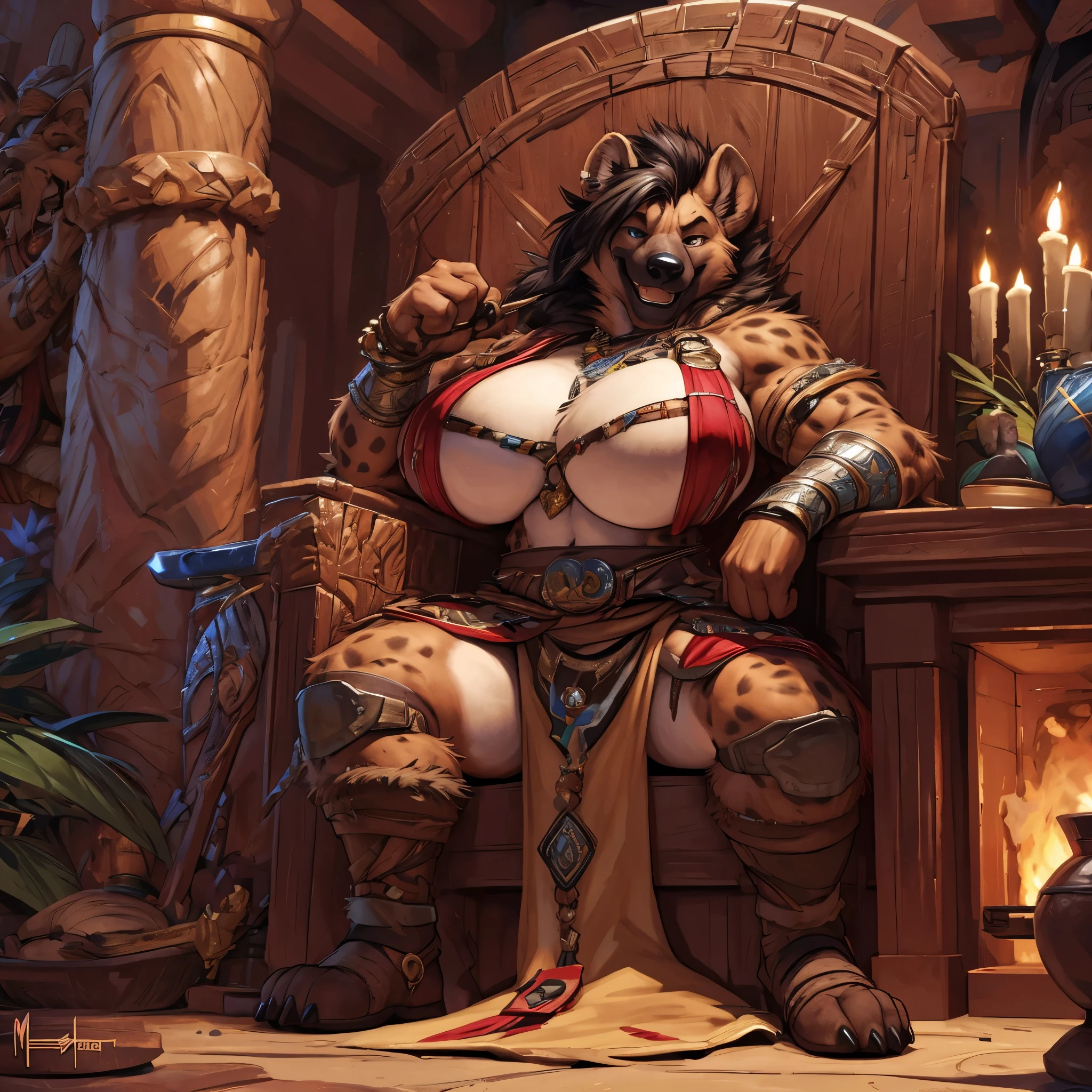 uploaded to e621.net, masterpiece, 8k, hyena woman, matriarch, barbarian outfit, wooden throne, seated, huge breasts, laughing, by darkgem, by meesh, (by wfa:0.75),