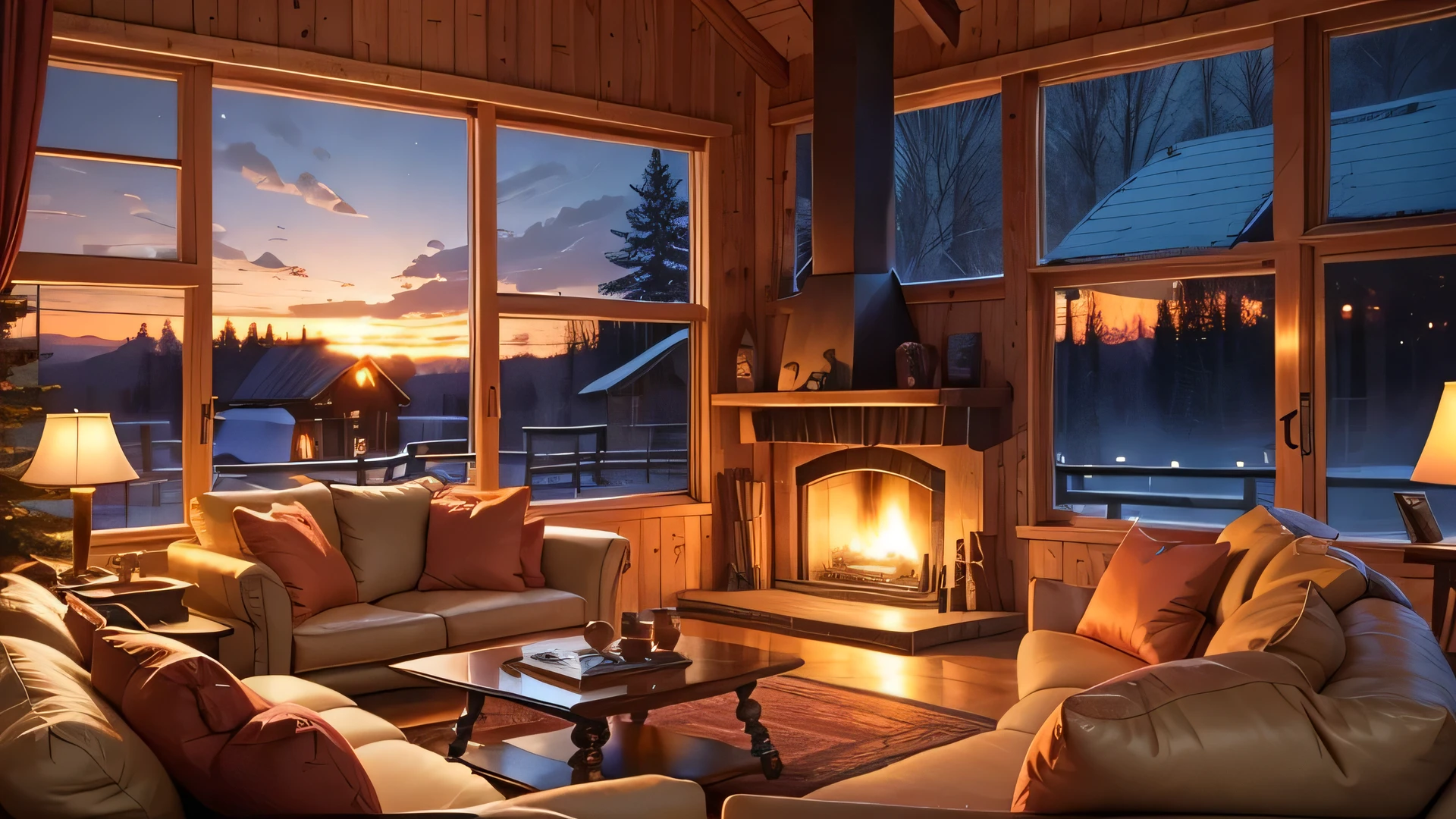 Wooden cabin living room anime background, this night outside](cozy atmosphere), (subtle lighting), bright stone fireplace fire, this best quality evening, transparent glass windows
