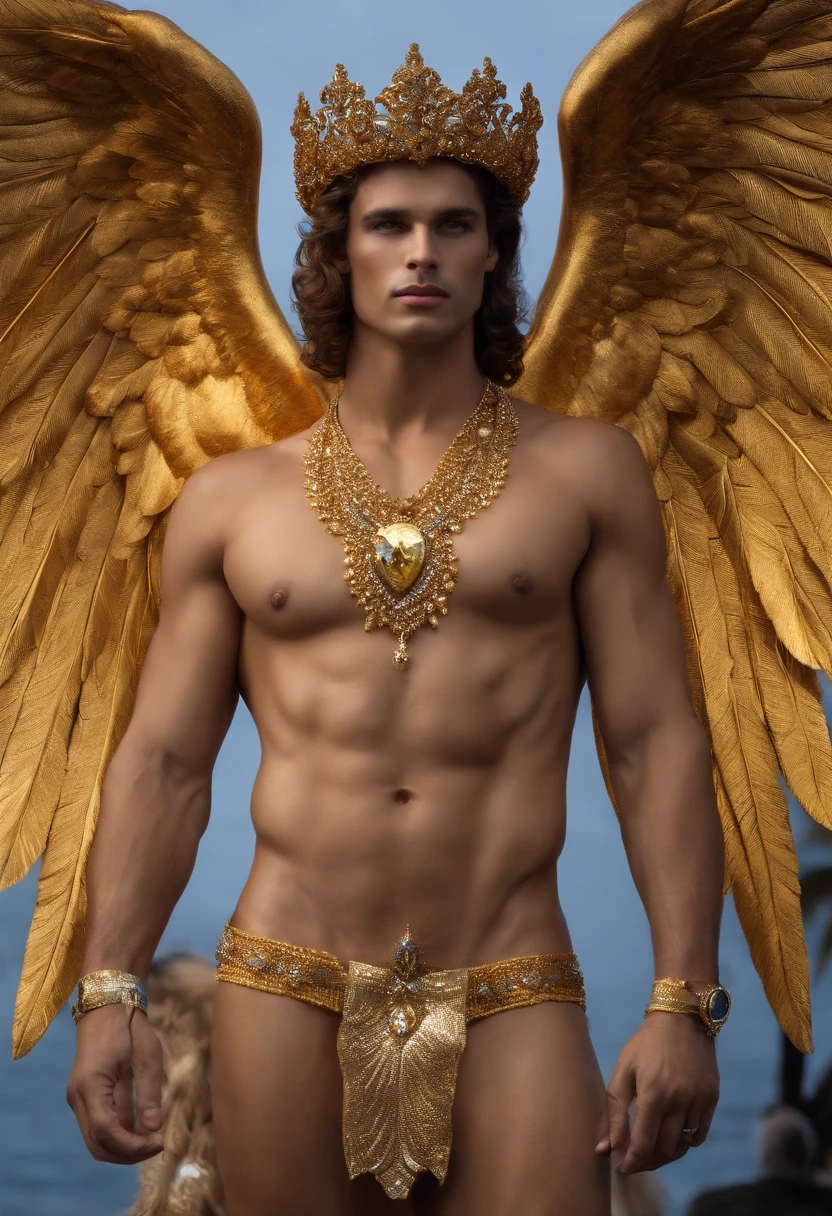 Homem romano realista beleza masculina nariz fino labios carnudos queixo qyadrado diamante. With angel wings on golden heads. Corpo completo virilha volumosa penis grande mala volume sexy
