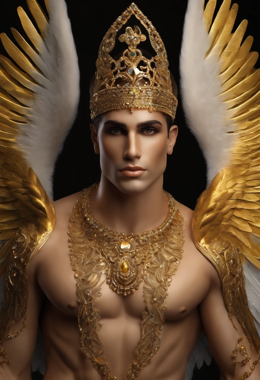 Homem romano realista beleza masculina nariz fino labios carnudos queixo qyadrado diamante. With angel wings on golden heads. Corpo completo virilha volumosa penis grande mala volume sexy