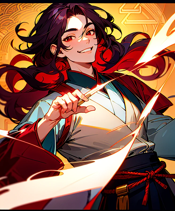 one person, Ancient Chinese youth, dark gray hanfu with patterns, burgundy belt, no mustache or beard, clear face, Asian appearance, red eyes, long curly maroon hair, grin, (highly detailed handsome face and eyes) perfect ???????
