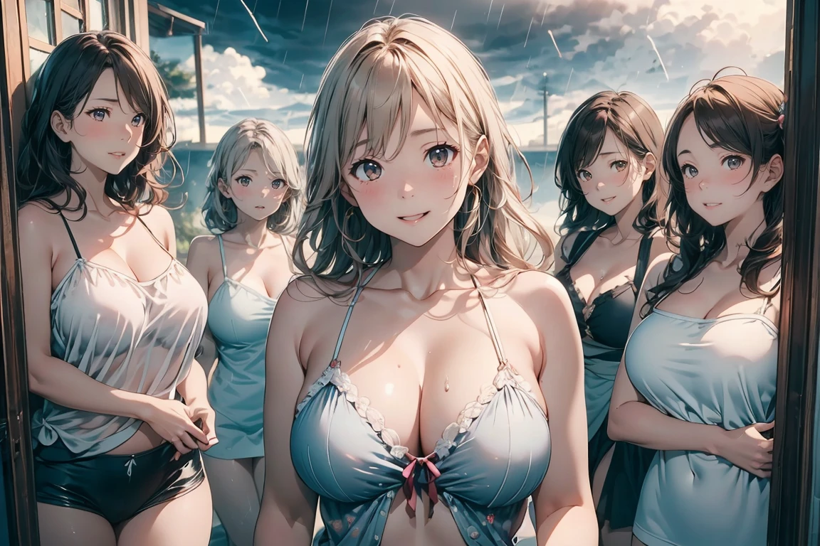 highest quality, Super detailed, (Ultra-high resolution,8K), Ultra-high definition 4K, (Perfect Anatomy, Anatomically correct), (Five Sensual Housewives:1.4), (Beautiful Eyes), (Detailed eyes), (High-quality facial beauty), ((Get excited)), (In the Storm:1.2), Friendly, (Photorealistic), (Detailed big breasts), Soft Skin, Glowing Skin, (Tight see-through camisole), Bright lighting, Very heavy rain, (5 cute girls:1.4), colorful, Goddess-like beauty