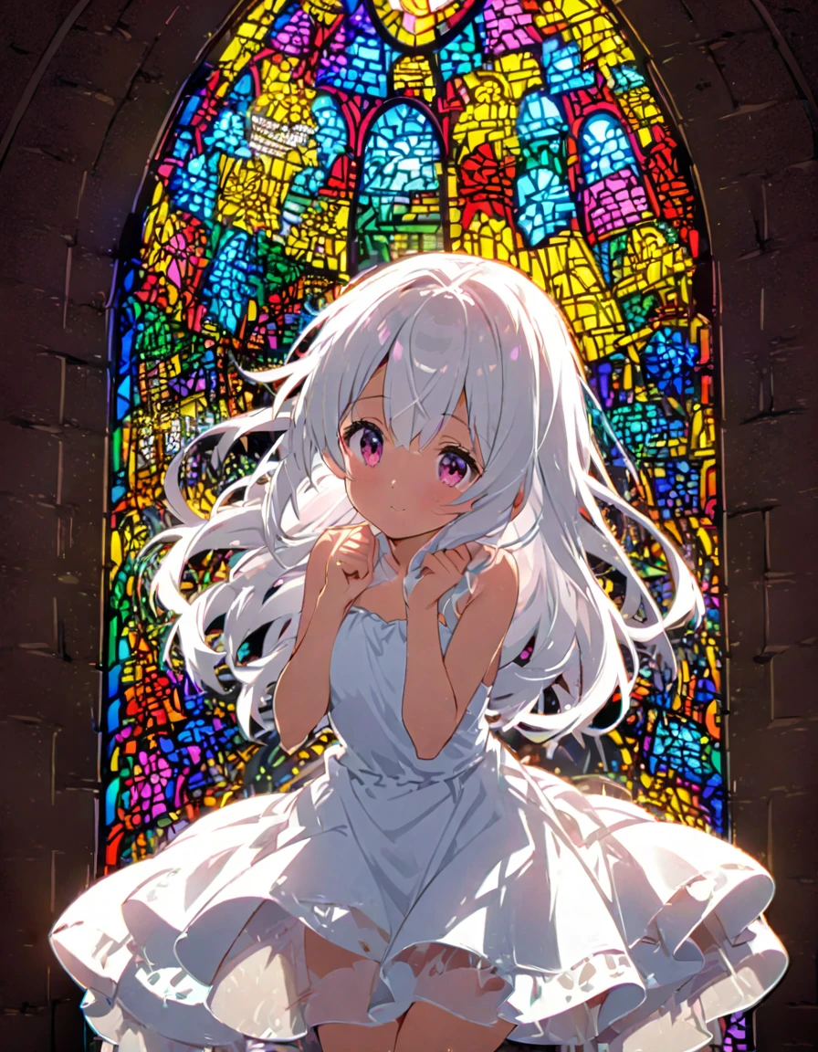 16K, incredibly absurd, Very detailed, Perfect beauty, bright colors, double exposure (Church altar, sunlight shining through stained glass), second, (beautiful cute girl silhouette:1.2, in a beautiful pose, Long Beautiful Hair, soft white dress (Holy))