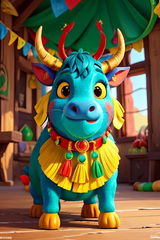 The Saint John ox, an emblematic figure of the Brazilian June festivals, is represented with vibrant colors, such as red, blue, green and yellow, adorned with colored ribbons, mirrors and sequins. Its expressive eyes and mouth convey joy and festive energy, while its robust horns and tail add authenticity to its image.