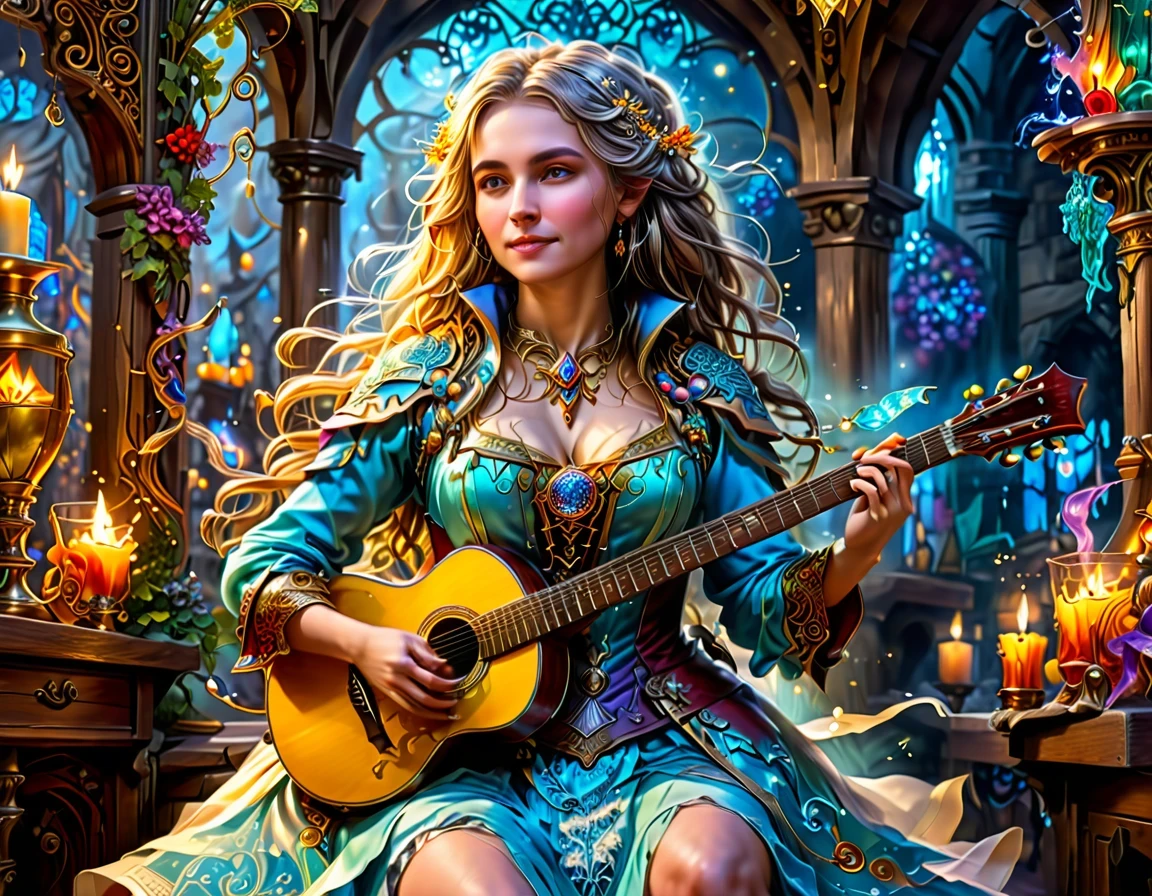 high details, best quality, 16k, [ultra detailed], masterpiece, best quality, (extremely detailed), full body, ultra wide shot, photorealistic, RAW, fantasy art, dnd art, fantasy art, realistic art,  an ultra wide, full body, a picture  of a human female  (intricate details, Masterpiece, best quality: 1.5) fantasy bard, fantasy enchanter,  playing a (guitar: 1.5)  and enchanting people in a tavern with magical song, colorful clothes, dynamic clothing, epic beautiful female human ((anatomically correct)) bard (intricate details, Masterpiece, best quality: 1.5), dynamic hair, tavern full of crowd, many people intricate details, Masterpiece, best quality: 1.3), bard playing guitar and enchanting audience (intricate details, Masterpiece, best quality: 1.5), candles light, fantasy chandelier, magical notes, magical runes in the air (intricate details, Masterpiece, best quality: 1.5),Cinematic Hollywood Film style, GlowingRunesAI_paleblue