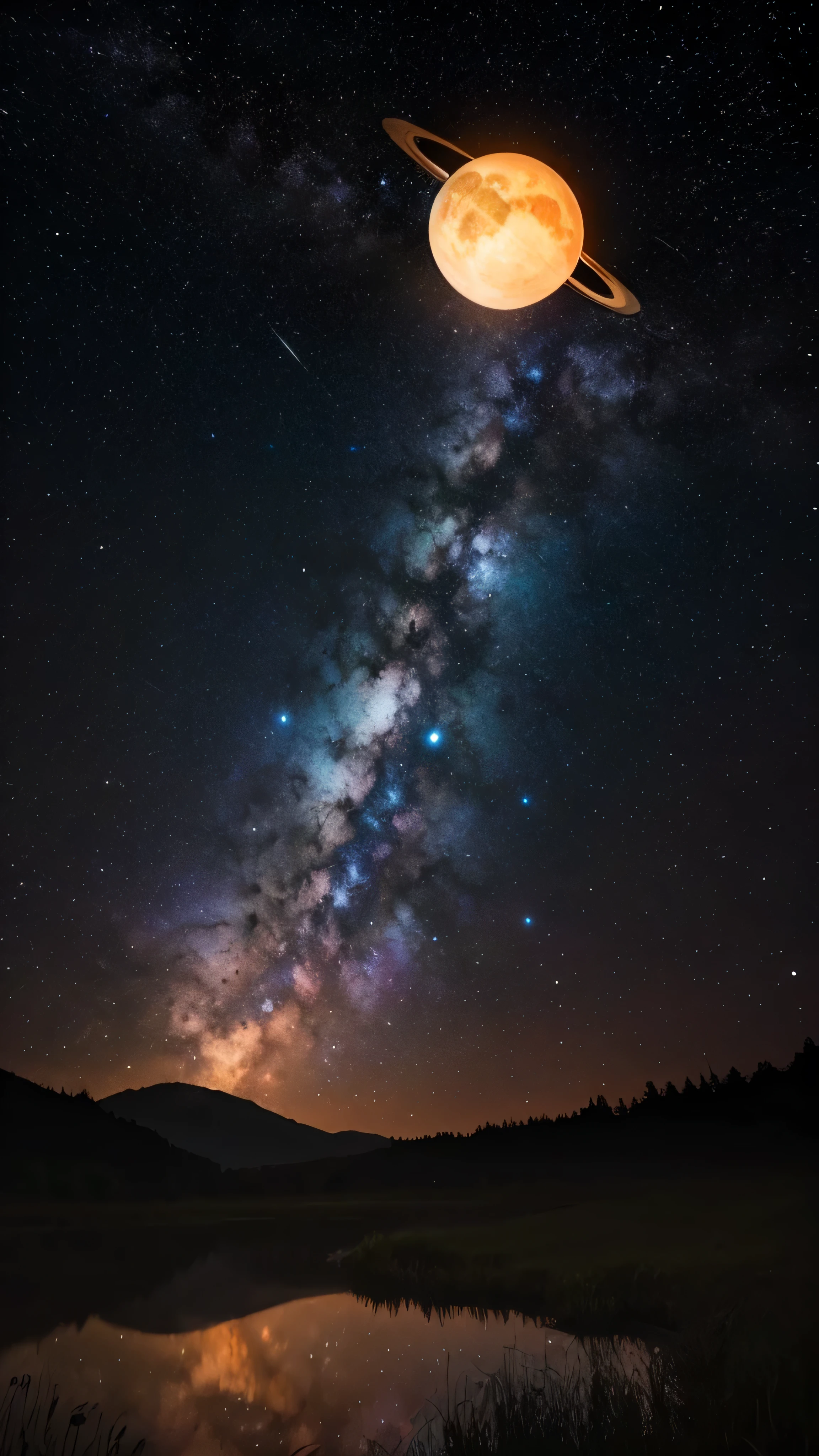 Galaxy with neon style planets in the dark