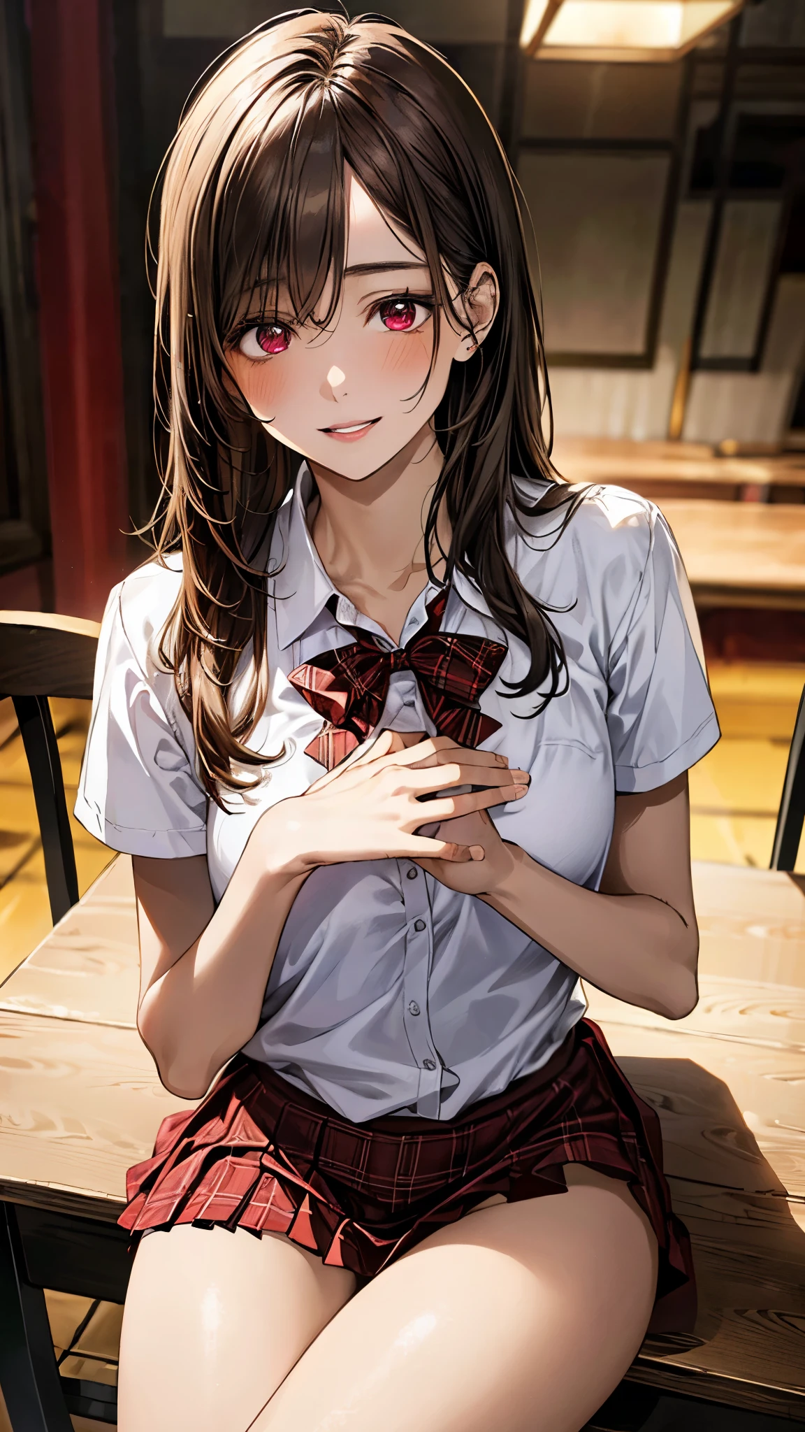 (masterpiece:1.3, top-quality, ultra high res, ultra detailed), (realistic, photorealistic:1.4), beautiful illustration, perfect lighting, natural lighting, colorful, depth of fields, surrealism,
beautiful detailed hair, beautiful detailed face, beautiful detailed eyes, beautiful clavicle, beautiful body, beautiful chest, beautiful thigh, beautiful legs, beautiful fingers, shiny skin,
looking at viewer, 1 girl, japanese, 18 years old, (perfect anatomy, anatomically correct, super detailed skin), cute and symmetrical face, babyface, perfect face, perfect eyes, slender,
(long hair:1.8, straight hair, brown hair), bangs, maroon eyes, slant eyes, long eye lasher, (medium breasts, seductive thighs),
short sleeve white collared shirt, white shirt, , red plaid pleated skirt, red plaid bow tie, ,
(beautiful scenery), evening, (dining room), hands on chest, (lovely smile, upper eyes, parted lips),