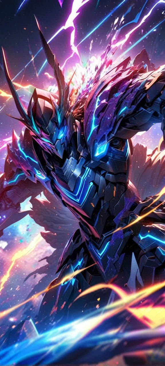 absurdres, highres, ultra detailed, HDR, masterpiece, extremely detailed face and eyes, colorful shinning Galaxy God Mecha armor dragon knight, Epic mecha leviathan mask,,colorful Black hair , , solo, ,man, handsome, , , Epic fight scene, colorful splashing effect,colorful lightning  effect,glowing glitters , galaxy background 