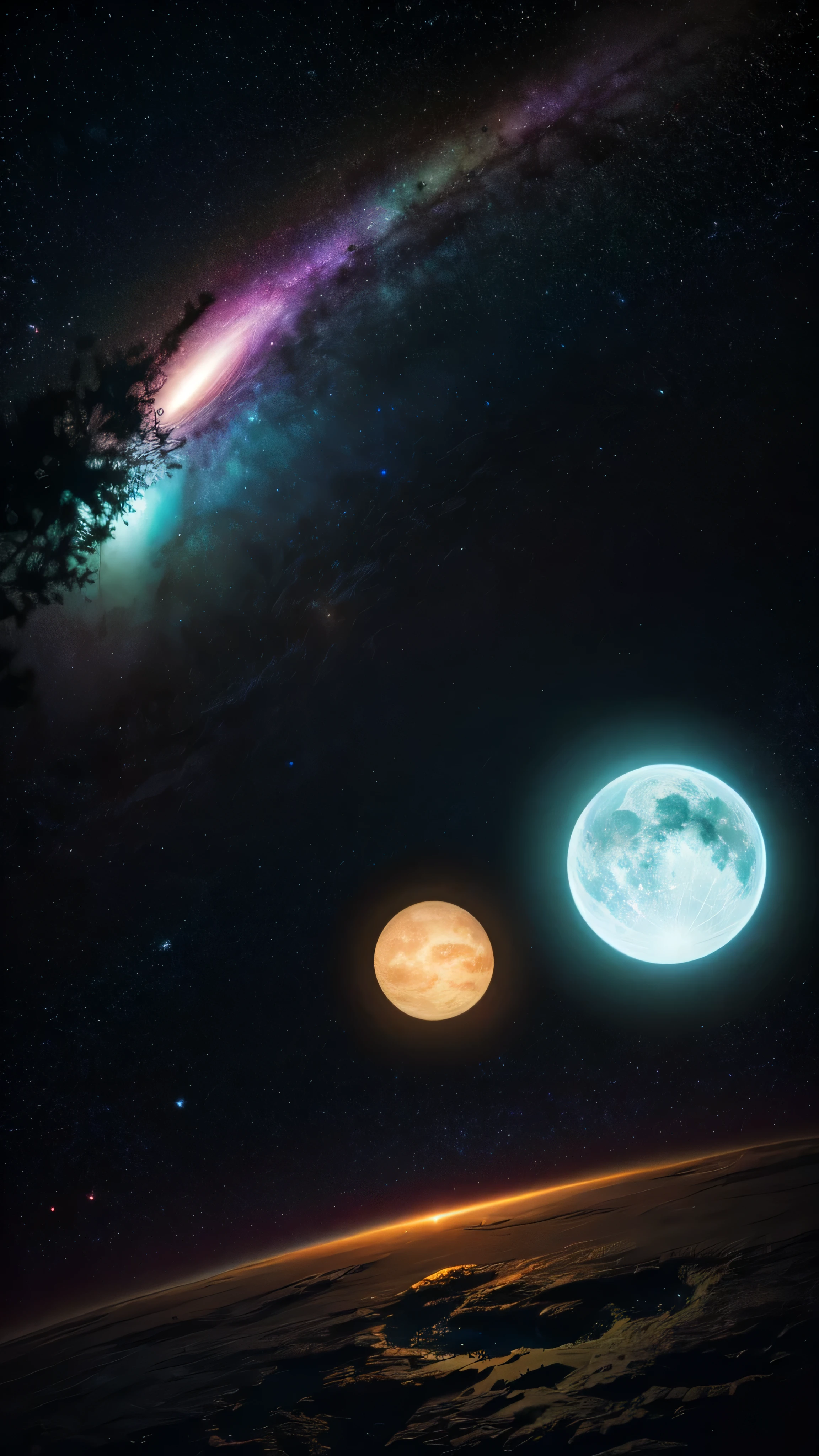 Galaxy with neon style planets in the dark