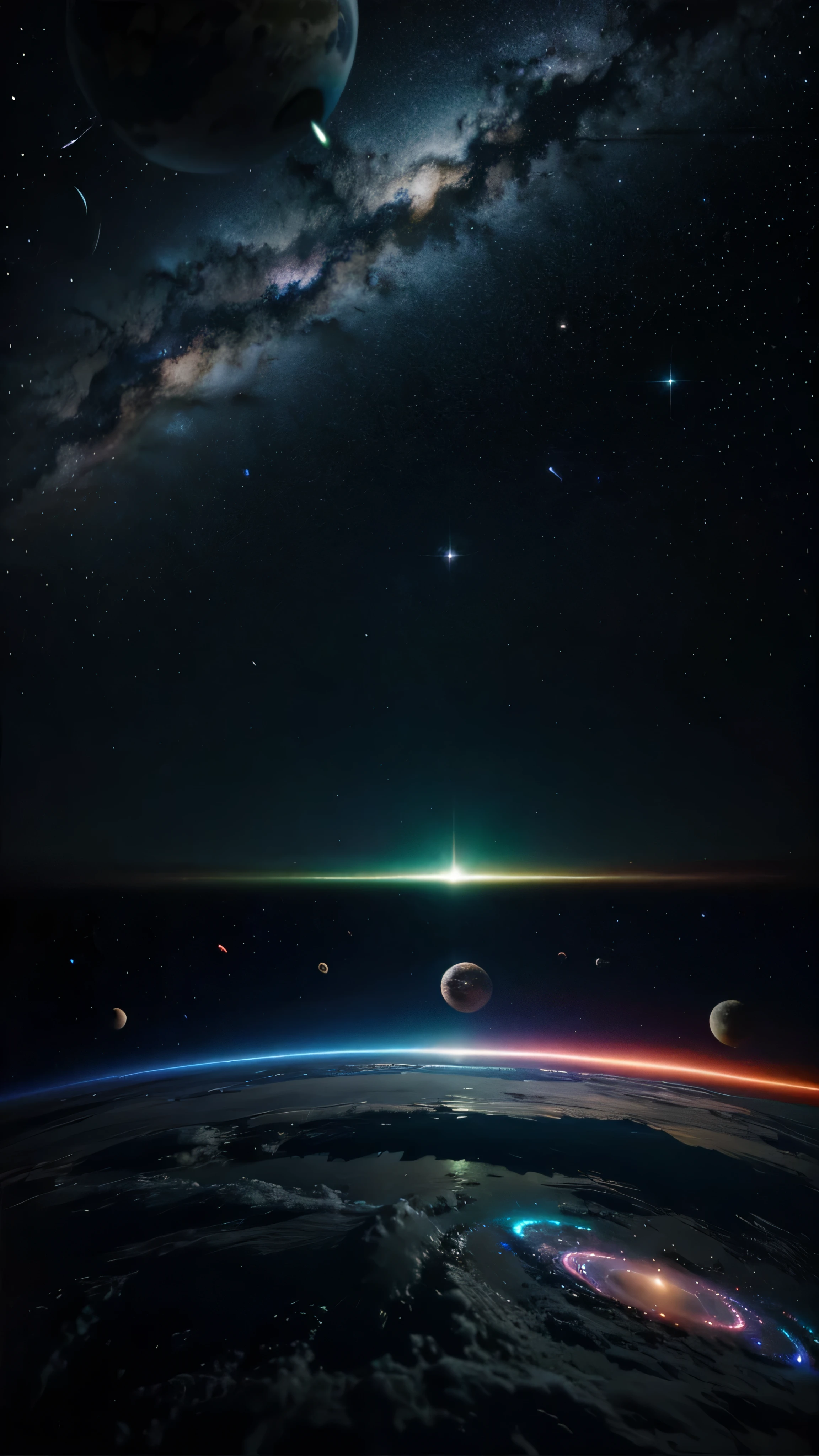 Galaxy with neon style planets in the dark