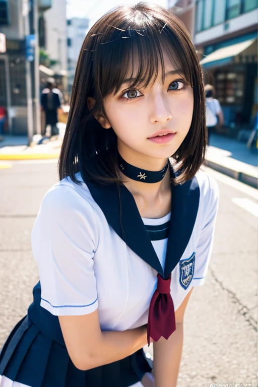 Analog Style, RAWphotograph, photograph, Hyperrealistic, amateur photo shot , Aesthetic artwork, ((Magazine Cover、Large text)), On the city streets, Detailed skin, detailed natural raw light, Very detailedな, Cinematic, highest quality, Super detailed, Very detailed, grain, noise, Heading, stylish, font, Memorable、A boyish and healthy beautiful girl,((Flowing sweat)) Beautiful Eyes, Realistic eyes, Beautiful details in the eyes, (Realistic Skin),Japanese Idols、short hair、(((High school girl)))、(((Short skirt))),choker , (((High school uniform)))