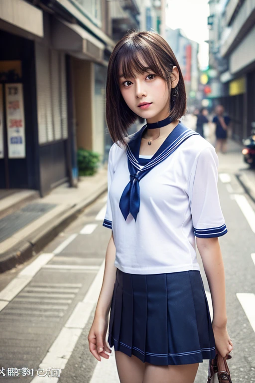 Analog Style, RAWphotograph, photograph, Hyperrealistic, amateur photo shot , Aesthetic artwork, ((Magazine Cover、Large text)), On the city streets, Detailed skin, detailed natural raw light, Very detailedな, Cinematic, highest quality, Super detailed, Very detailed, grain, noise, Heading, stylish, font, Memorable、A boyish and healthy beautiful girl,((Flowing sweat)) Beautiful Eyes, Realistic eyes, Beautiful details in the eyes, (Realistic Skin),Japanese Idols、short hair、(((High school girl)))、(((Short skirt))),choker , (((High school uniform)))