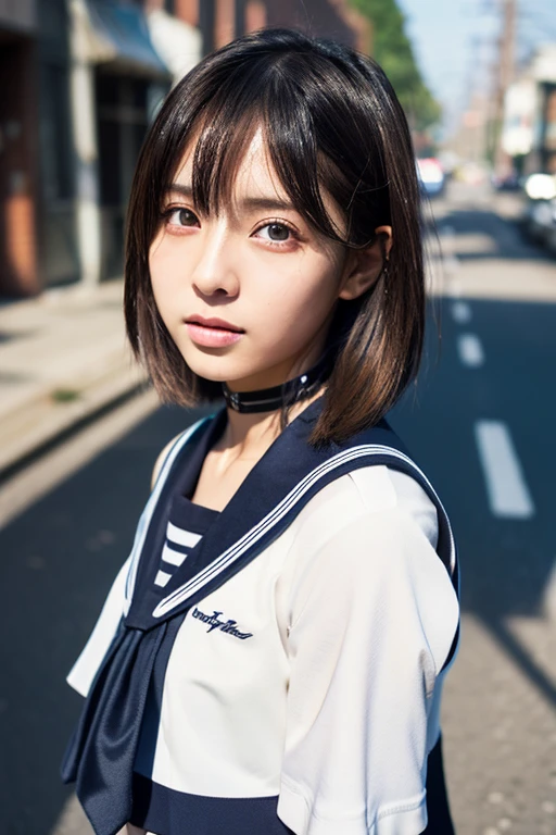 Analog Style, RAWphotograph, photograph, Hyperrealistic, amateur photo shot , Aesthetic artwork, ((Magazine Cover、Large text)), On the city streets, Detailed skin, detailed natural raw light, Very detailedな, Cinematic, highest quality, Super detailed, Very detailed, grain, noise, Heading, stylish, font, Memorable、A boyish and healthy beautiful girl,((Flowing sweat)) Beautiful Eyes, Realistic eyes, Beautiful details in the eyes, (Realistic Skin),Japanese Idols、short hair、(((High school girl)))、(((Short skirt))),choker , (((High school uniform)))