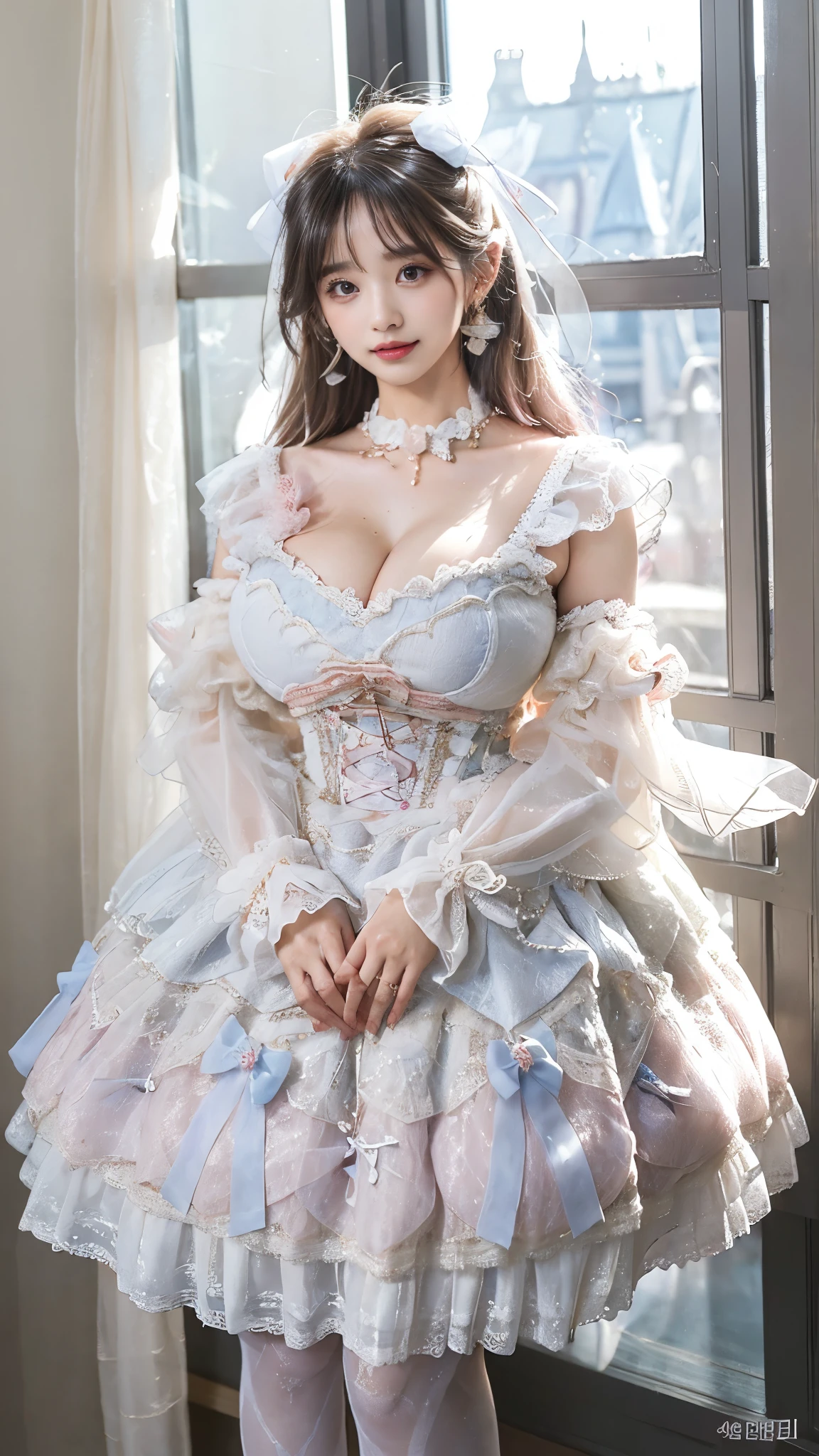 ((masterpiece:1.2、highest quality、Tmasterpiece))、1 female、alone、classroom、Day、(Korean Idol:1.25)、(Are standing:1.4)、Black Hair、Cute Face、Wavy Hair、Medium Hair、Beautiful legs、break、((dress:1.4))、(Big Breasts:1.4)、(tights)、Hoop Earrings、corset、lipstick、(mini skirt:1.2)、blush、smile、(Covered breasts:1.2)、(Thick lips:1.2)、Detailed body、Very detailed絵画, Luminism、4K resolution、3D Rendering、Exquisitely crafted , Cinematic、Realistic、Hit definition、Abstract Beauty、Approaching perfection, Pure Form, Golden Ratio、Very detailed, Digital photography, Soft natural light, 50mm lens, f1.8 Vacancies、blush、Small face、Narrow waist、lo dress, layered dress, wrist cuffs, frills, detached sleeves, bow, necklace, jewelry