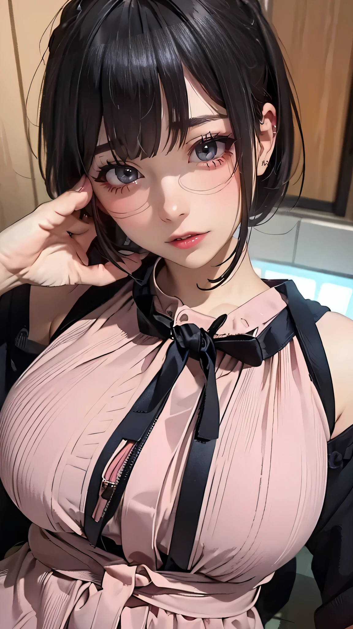 from above,overhead shot,onsen,(lying),(on back),baggy t-shirt,swimsuit,(random Lively pose),(Thin type),(large breasts),(Hair color divided into black and pink on the left and right),(random hairstyle),(Highest image quality, (8K), Ultra-realistic, Best Quality, High quality, High Definition, high quality texture, high detailing, Beautiful detailed, fine detailed, extremely details CG, Detailed texture, realistic representation of face, masterpiece, presence),(wearing glasses:1.5)