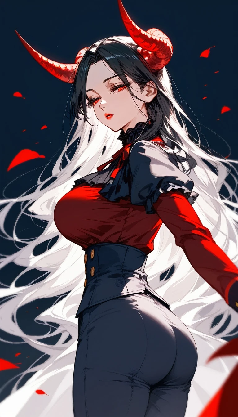 masterpiece, Score_9, Score_8_up, Score_7_up, rear view, 1 woman, alone, black hair with red, long hair, parted bangs, dark red eyes, half-closed eyes, parted lips, expressionless, pale skin, large breasts, top of the body, Victorian military uniform, with pants, V-neck shirt, black background, best quality, horns up, long and split bangs, Red lips.