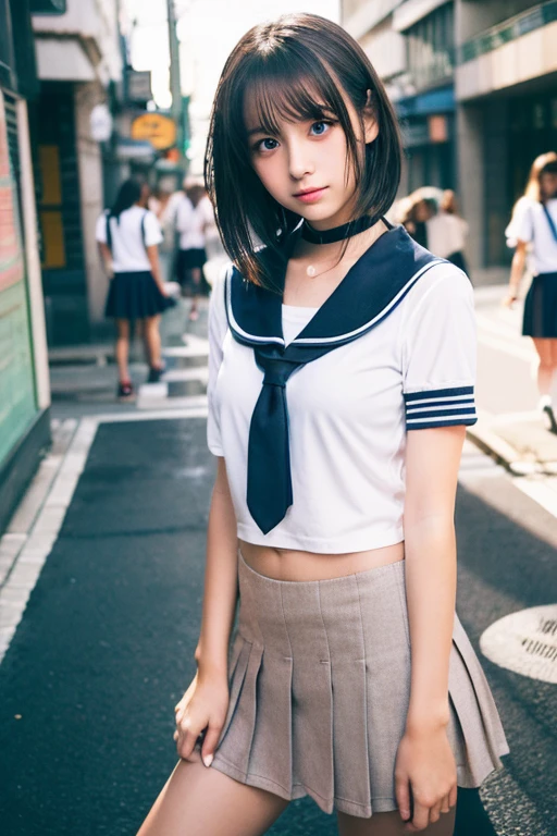 Analog Style, RAWphotograph, photograph, Hyperrealistic, amateur photo shot , Aesthetic artwork, ((Magazine Cover、Large text)), On the city streets, Detailed skin, detailed natural raw light, Very detailedな, Cinematic, highest quality, Super detailed, Very detailed, grain, noise, Heading, stylish, font, Memorable、A boyish and healthy beautiful girl,((Flowing sweat)) Beautiful Eyes, Realistic eyes, Beautiful details in the eyes, (Realistic Skin),Japanese Idols、short hair、(((High school girl)))、(((Short skirt))),choker , (((High school uniform)))