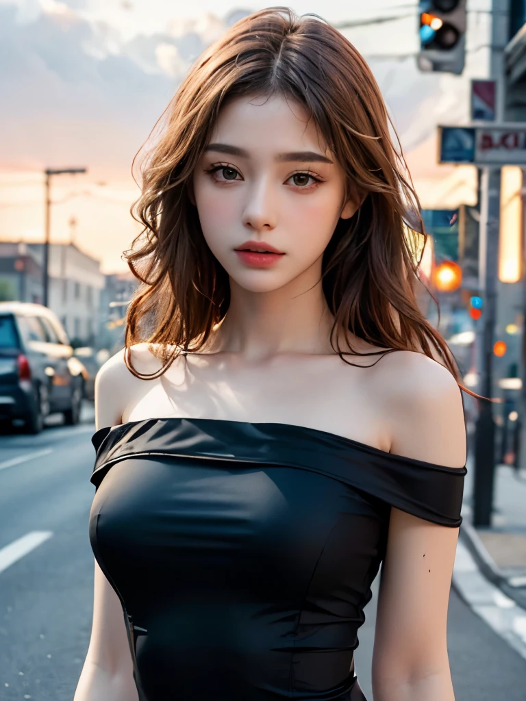 A woman in a black dress standing on a street corner - SeaArt AI