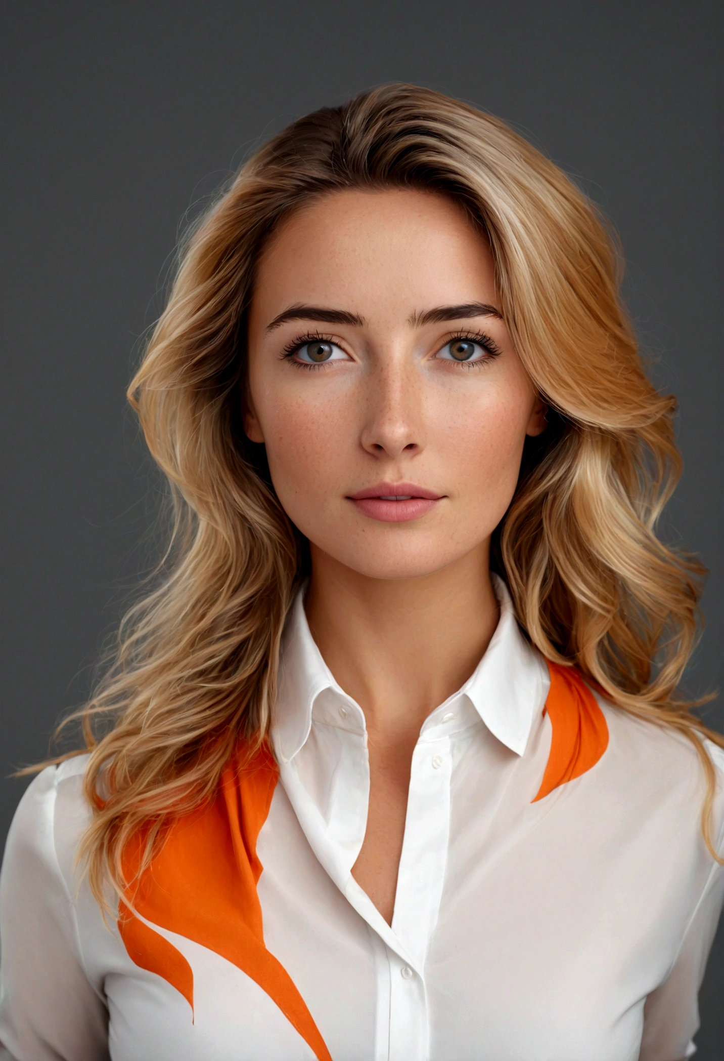 create realistic image of a 27 year old business woman photoshoot with gray background. roupa social calsa, e blusa branca e laranja.