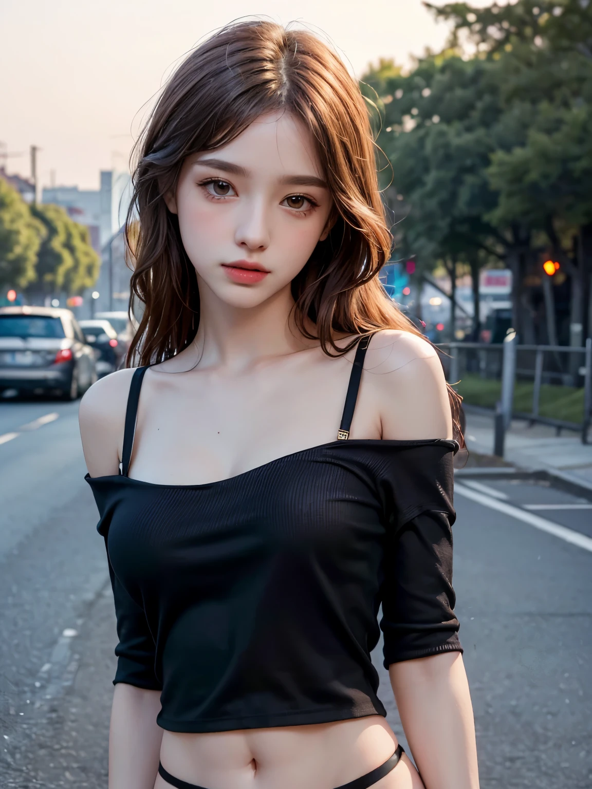 Black underwear, Long Hair, highest quality, masterpiece, Ultra-high resolution, (Realistic:1.4), RAW Photos, One Girl, Off the shoulder, In the Dark, Deep Shadow, Moderate, Golden Ratio, roadside,walk, 20-year-old,Cute Face, Slightly larger breasts, (head shot:1.5)