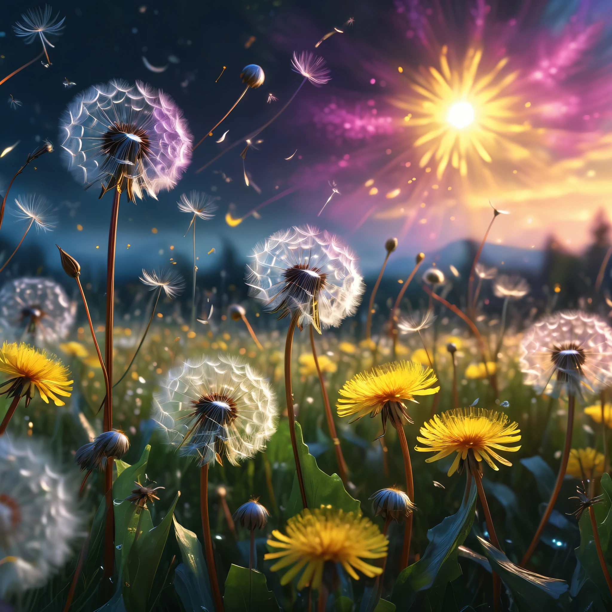 a beautiful enchanting fantasy field of dandelion flowers, delicate petals dancing in the wind, glowing magical flowers, intricate details, dynamic striking composition, high quality concept art, fantasy digital painting, hyper detailed, 8k, photorealistic, cinematic dramatic lighting, vivid vibrant colors, ethereal atmosphere